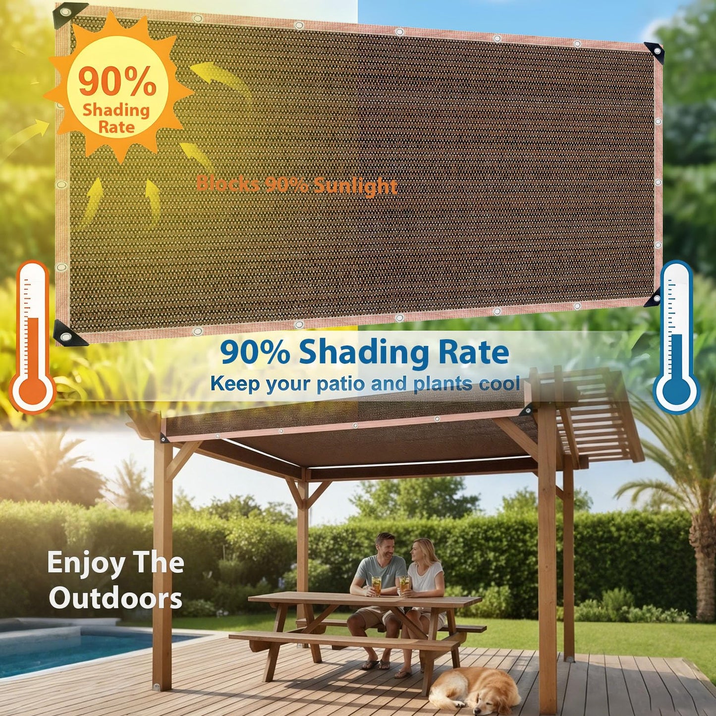 LCYFBE 90% Sun Shade Cloth with Grommets, 5 x 10 FT Pergola Shade Cover Canopy, Mesh Tarp Sun Screens for Patio, Outdoor, Garden, Backyard, Mocha