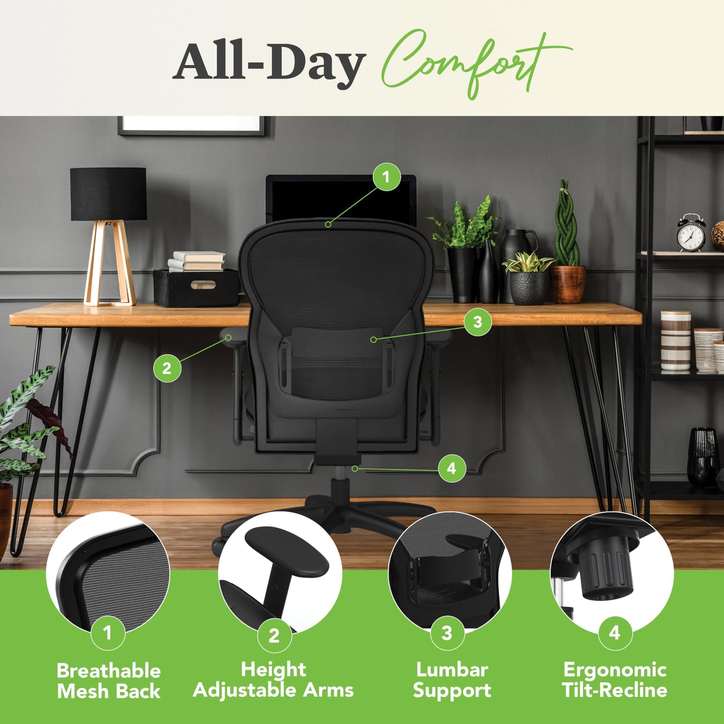 HON Wave High Back Leather Ergonomic Office Chair Lumbar Support with Adjustable Arms, Breathable Mesh Ergonomic Desk Seat for Computers, Office, 360° Swivel Synchro-Tilt, Black