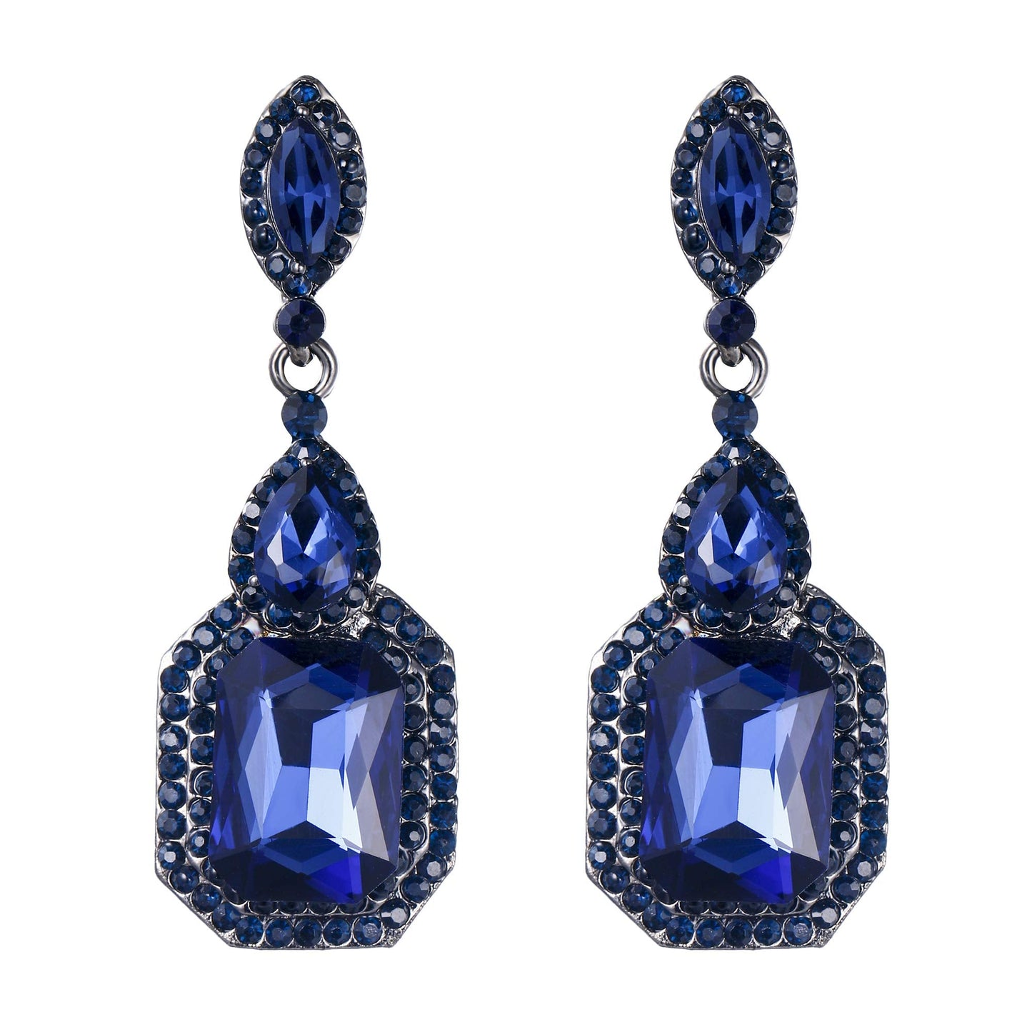 BriLove Wedding Bridal Dangle Earrings for Women Emerald Cut Crystal Infinity Figure 8 Chandelier Jewelry Navy Blue Sapphire Color Black-Silver-Tone