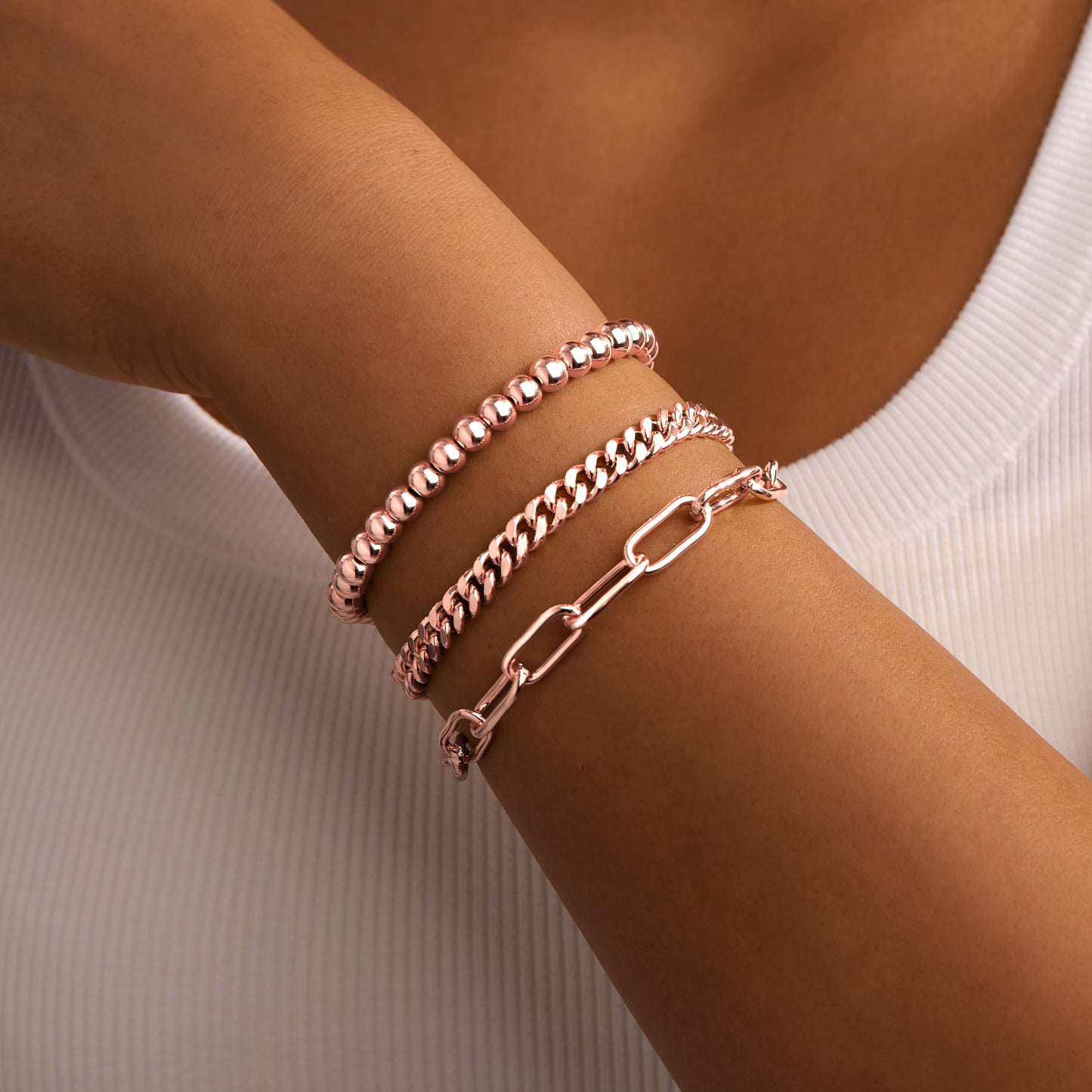 Gokeey Rose Gold Bracelets for Women Non Tarnish Waterproof Rose Gold Bracelets Stack Dainty Cuff Paperclip Bead Cuban Layered Chain for Jewelry Gifts