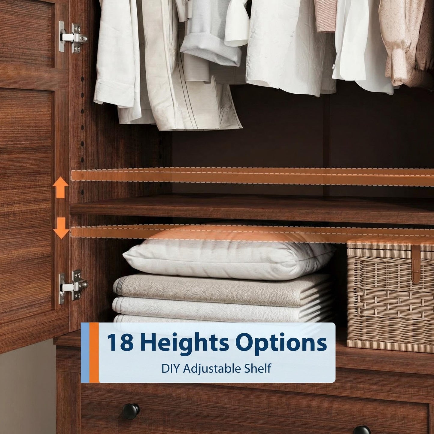 IDEALHOUSE Armoire Wardrobe Closet with 2 Drawers, 72" Tall Wooden Clothing Wardrobe with Hanging Rod & DIY Adjustable Shelf, Heavy Duty Bedroom Armoire Storage Cabinet with Doors, Walnut