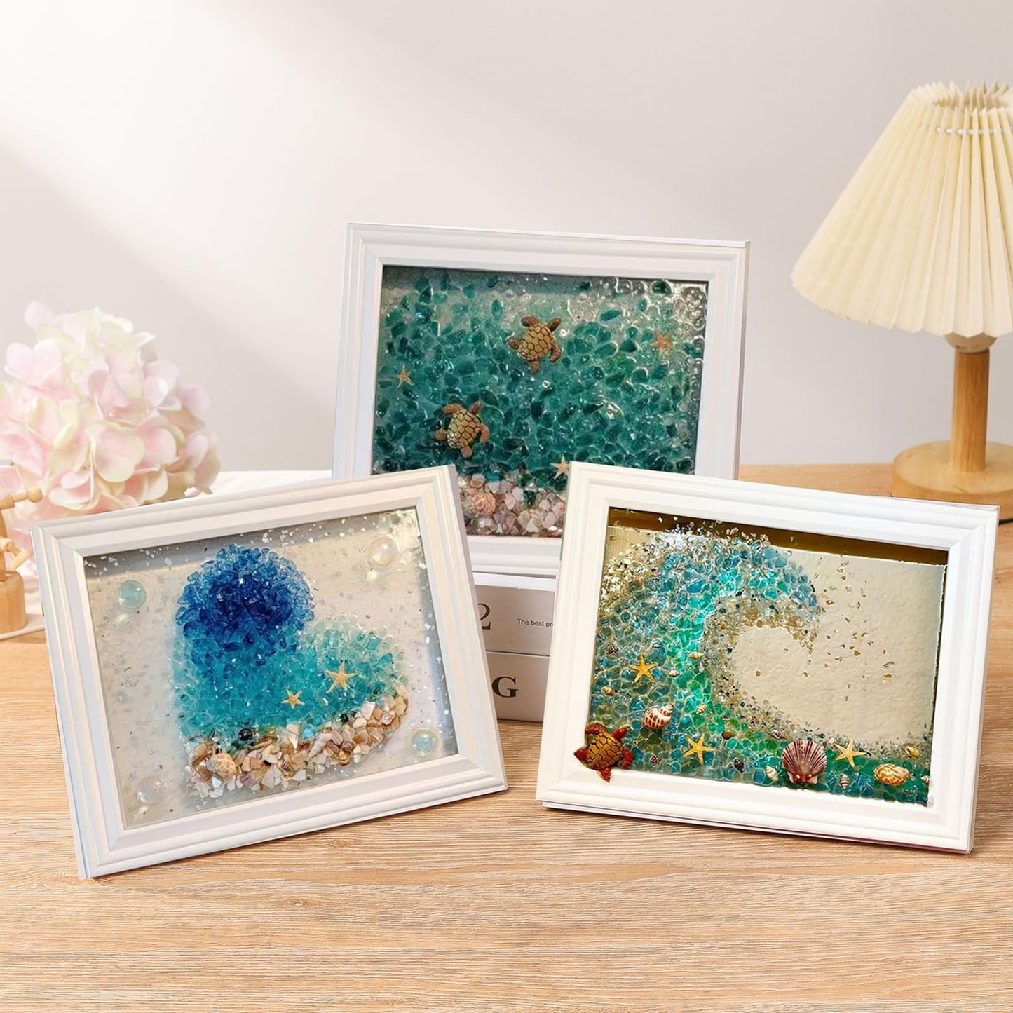 AGARES Sea Glass Art Kit, New Resin Art Kits for Adults, DIY Mosaic Kits, DIY Resin Beach Art Kit, Beach Art Photo Frame for Home Decoration, Bookshelf, Office (Wave)