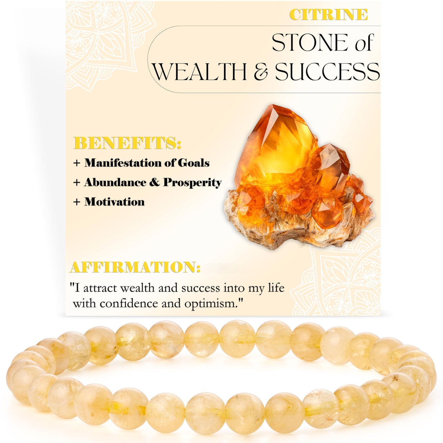 Bivei Citrine - Wealth & Success - 6mm Beaded Bracelets for Women Handmade Semi Precious Natural Stone Stretch Elastic Jewelry for Women Yoga Protection Gifts Small