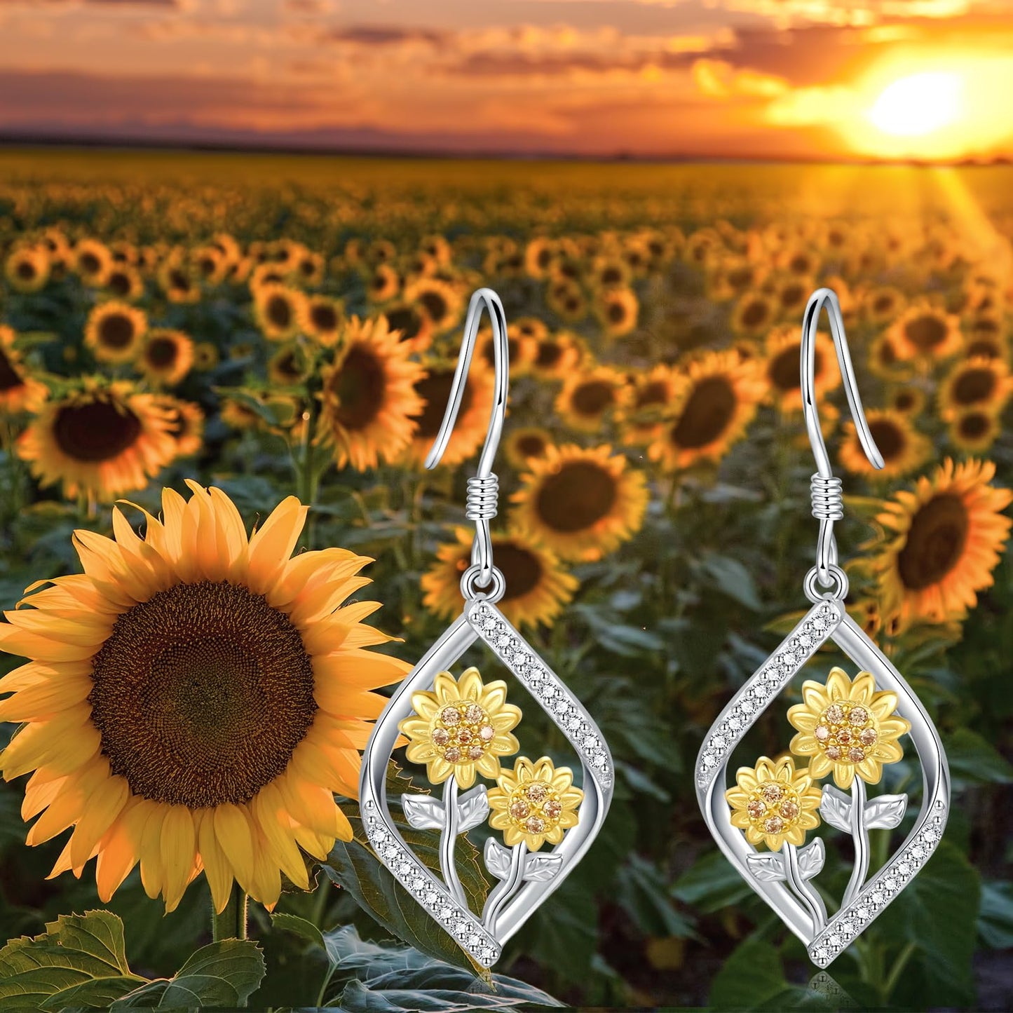 oGoodsunj Sunflower Necklace Jewelry Set fo Women Sterling Silver Anklet Bracelet Earrings You Are My Sunshine Pendant Gifts for Mom Daughter Wife (Dangle Earring)