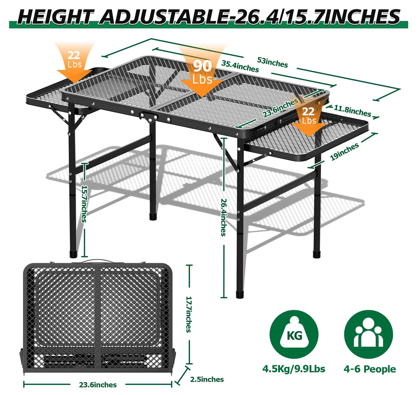 Folding Camping Table with 2 Extra Desktop, Height Adjustable Portable Grill Table, Metal Outdoor Grill Table for Outside, Camping Cooking Tables for Picnic, BBQ, 53.14 x 26.6 x 23.6 inches Large Size