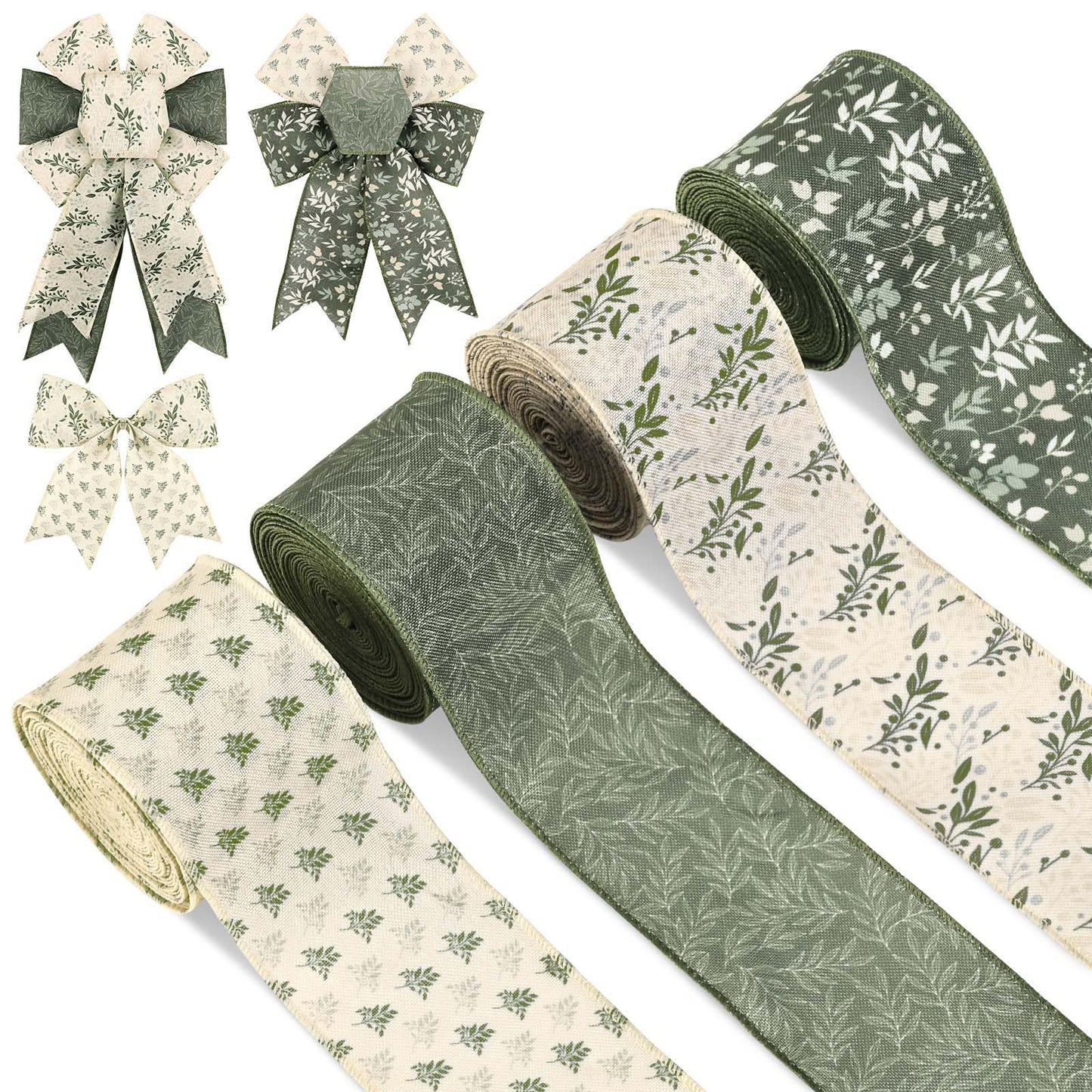 4 Rolls 20 Yards Sage Green Wired Edge Ribbon 2.5 Inch Spring Botanical Floral Buralp Ribbon Greenery Flower Fabric Ribbon for Gift Wrapping DIY Bow Wreath Making Spring Holidays Party Decorations