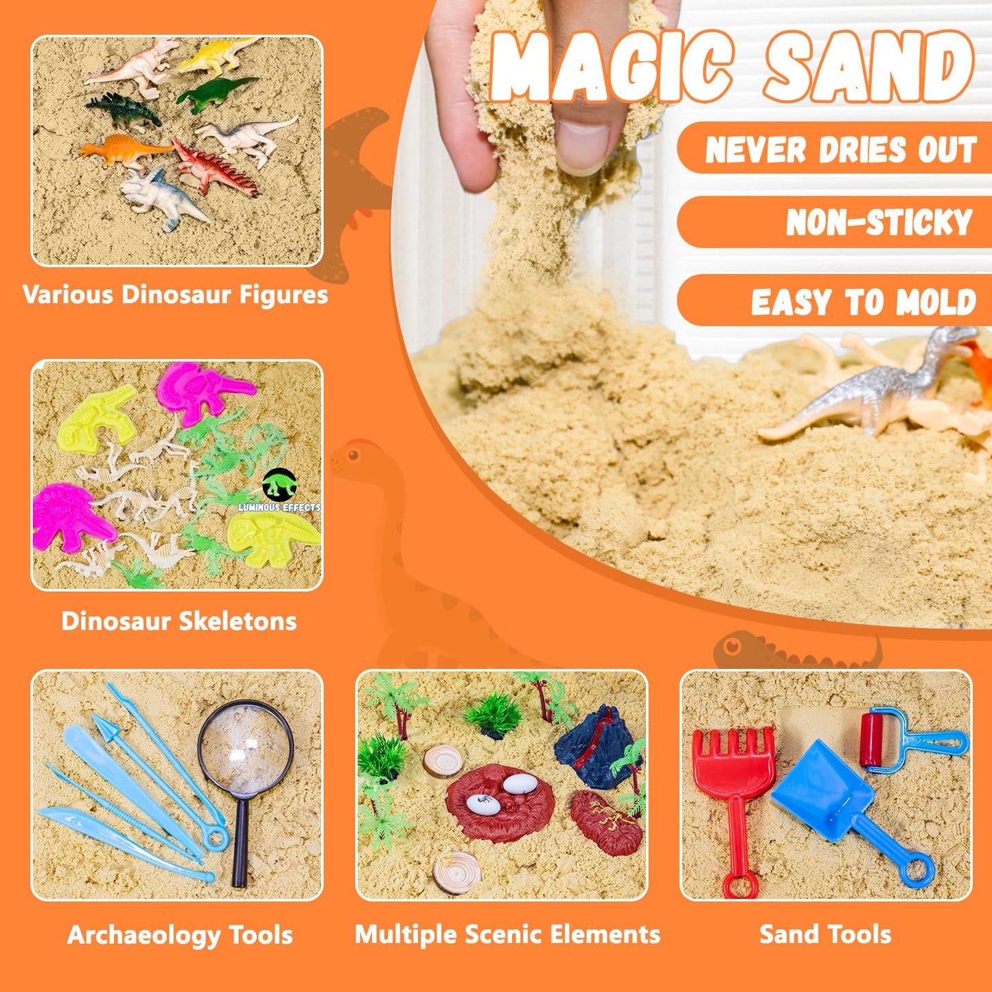 Vectronum Dinosaur Sensory Bin with Lid - 2.64lbs Sand, Archaeology Tools, Dino Figures & Skeletons, Sensory Kit for Boys Toddlers, Dinosaur Toys for Kids 3 4 5 6 7+ Year Old Christmas Birthday Gift