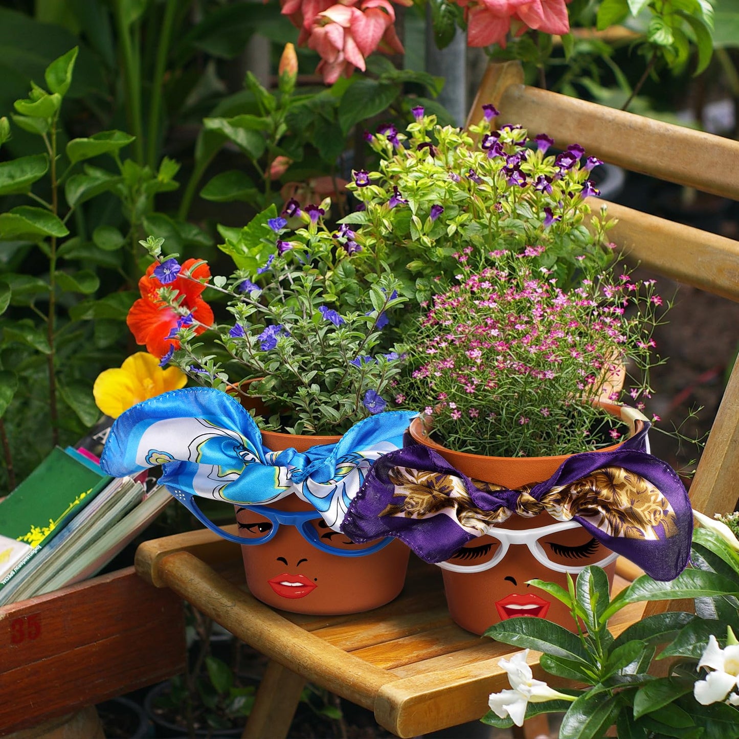 Sliner 6 Set Cute Face Flower Pot Head Planter Funny Plant Pots Painting Kit Include Glasses Silk Scarf Acrylic Paint Glasses Flower Sister Planter Adults Art Painting Spring DIY Crafts