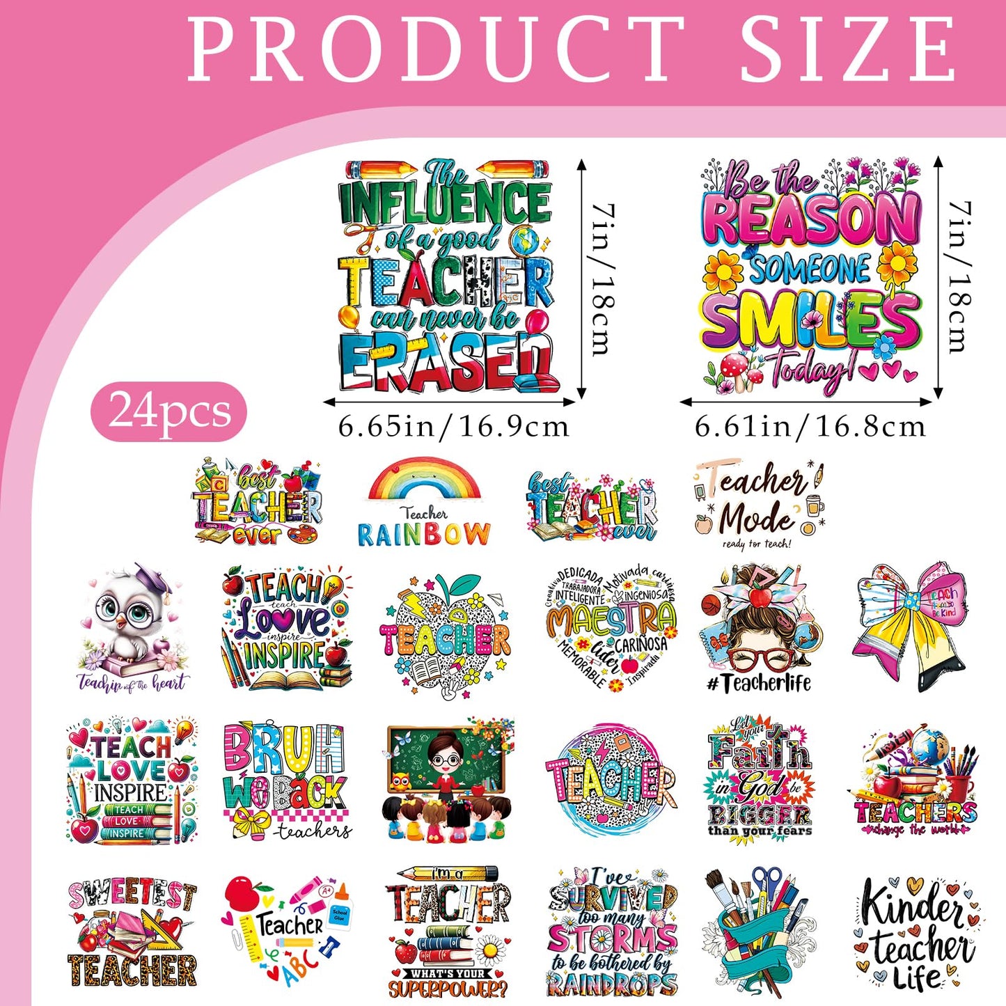INCOK Teacher Iron on Transfers for Clothing - 24 PCS DTF Transfers Ready to Press Bow Pencil Iron on Vinyl Design Heat Decals Stickers for Teacher Appreciation Week T-Shirts Bag Hoodie Hat Dress
