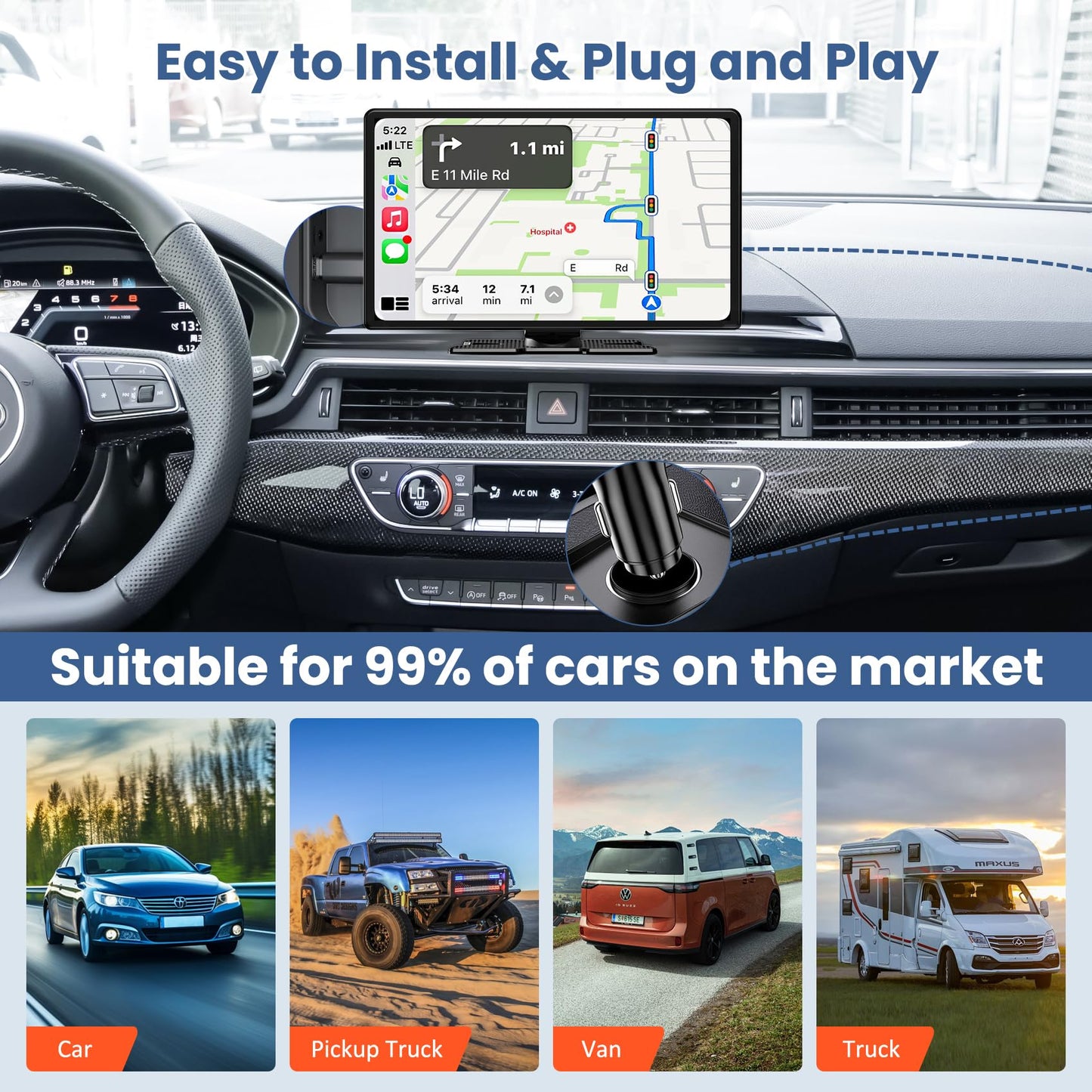 Largest 11.3" Portable Apple Carplay Screen, Wireless Car Play & Android Auto Touch Screen, Car Stereo with App View/4K Dash Cam/Backup Camera/Mirror Link/Voice Control/Music Play/GPS/Bluetooth/FM