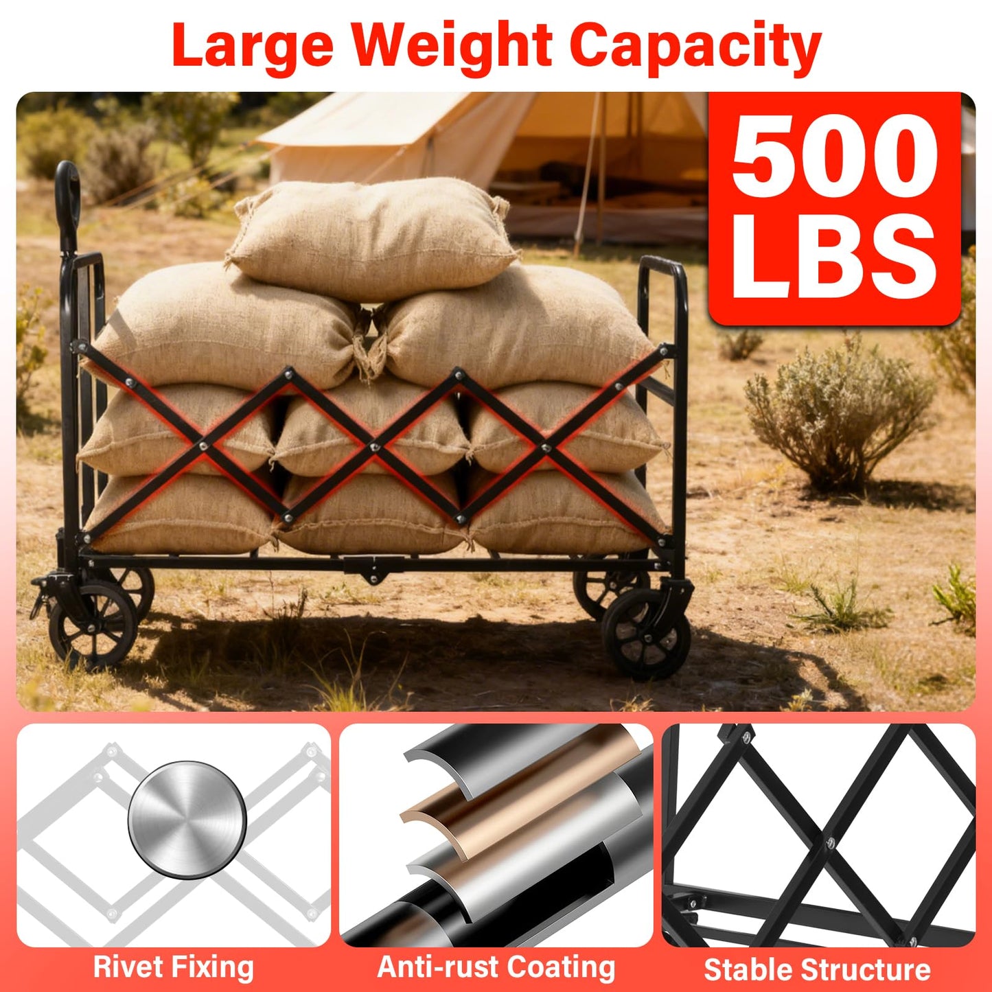 Collapsible Wagons Carts Foldable, 500LBS Heavy Duty Wagon Cart Foldable with Brakes & All-Terrain Wheels– 34'' Extra Long Folding Wagon Portable Lightweight for Camping, Beach，Sports, Shopping