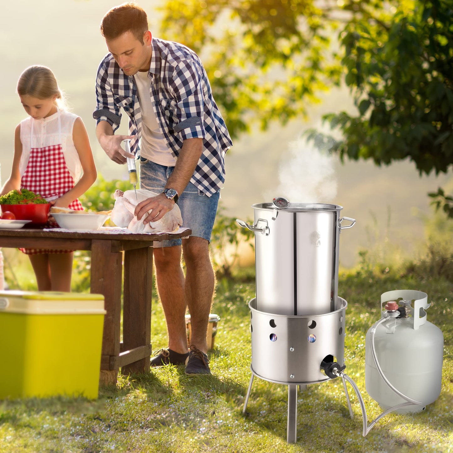 ARC 32QT Stainless Steel Turkey Fryer Kit With Burner, Seafood Boil Pot And Burner With Basket,Crawfish Boil Tamale Steamer Crab Boil Pot With Injector Thermometer, High Temperature Resistant Gloves