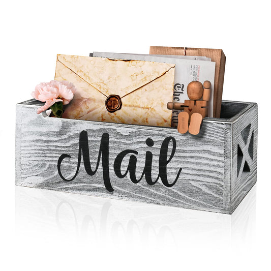 Mail Organizer Mail Holder Countertop, Rustic Wooden Mail Basket Mail Tray Letter Holder Box for Desk Home Office Wall Mount
