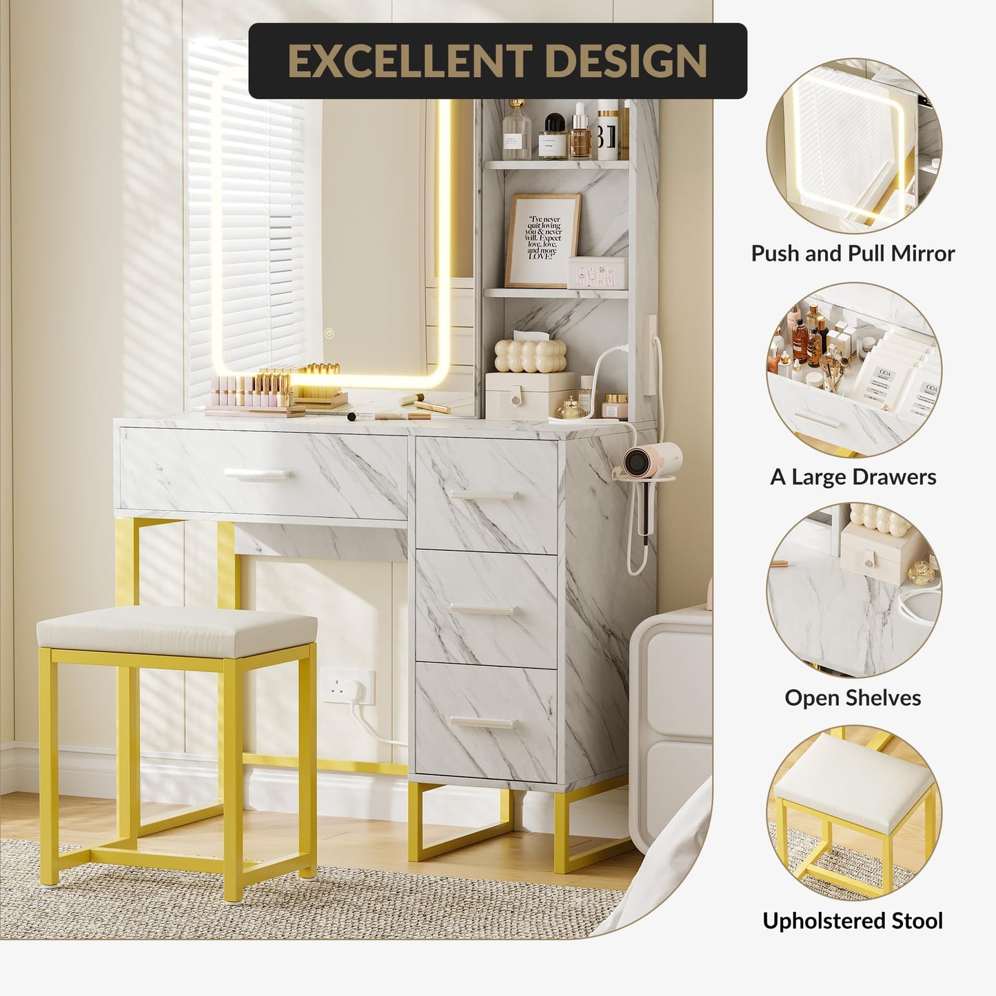 GAOMON 57'' Large Vanity Desk with Mirror & Lights, Makeup Vanity Table with Charging Station, 3 Lighting Modes, Elegant Vanity Set with 4 Drawers and Shelves, Cushioned Stool,Marble White