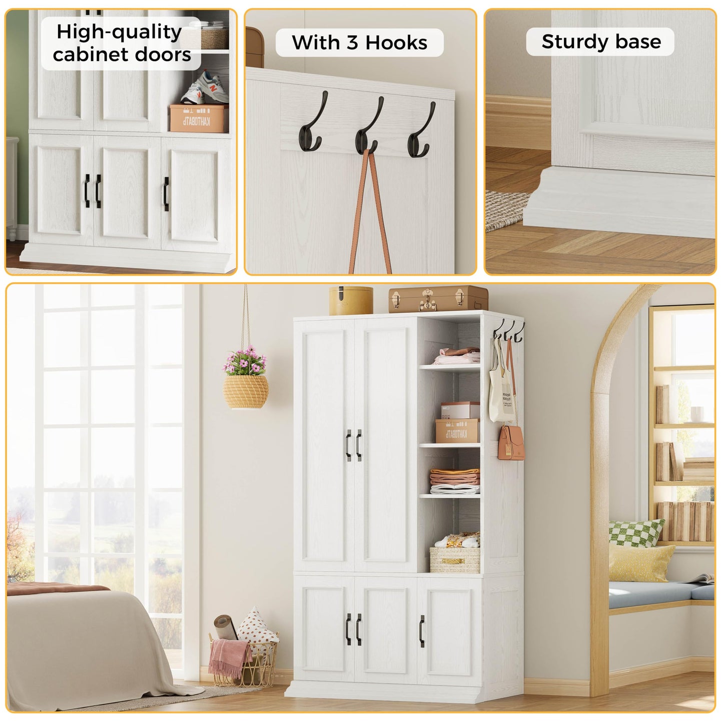 LIKIMIO Armoire Wardrobe Closet 70" H, 5 Doors Bedroom Wooden Wardrobe with 4 Storage Shelves and Hanging Rod, Clothing Storage Cabinet Organizer Combination, White