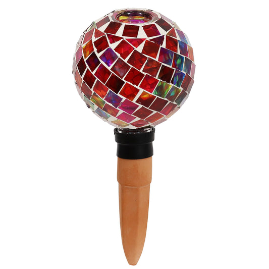 Sunnydaze Mosaic Glass Plant Watering Globe with Clay Spike - Decorative Self-Watering Planter Insert - Water Dripper for Plants - 9.5" - Magenta Medley