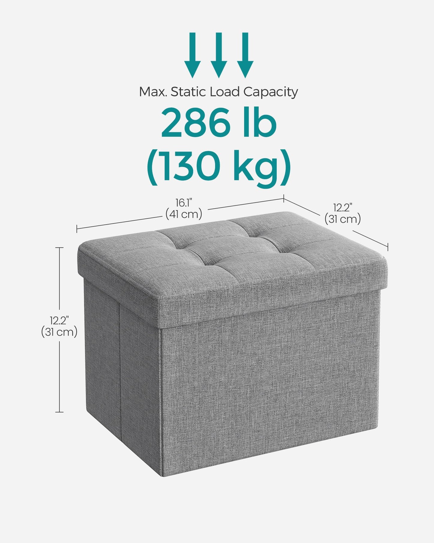 SONGMICS Mazie Collection - Small Folding Storage Ottoman, Foot Rest Stool, 12.2 x 16.1 x 12.2 Inches, 286 lb Load Capacity, for Living Room, Bedroom, Home Office, Dorm, Light Gray ULSF102G02