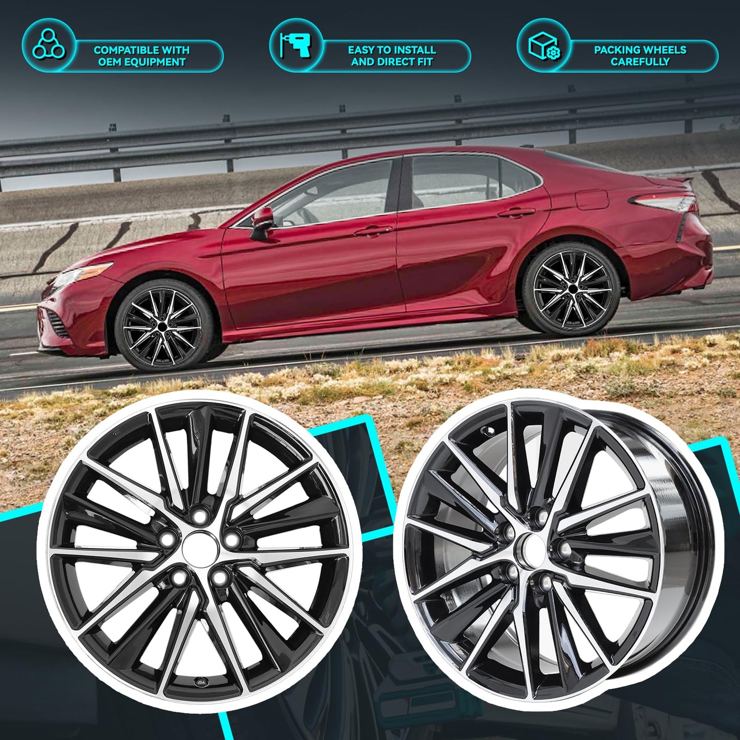 HOLUEKU New 18 Inch 18x8 Inch Premium Aluminum Alloy Wheel Rims Fit for Toyota Camry SE 2018 2019 2020 2021 2022 2023 2024, ALY69133U45N, Machined Black Wheels OEM Design Rim