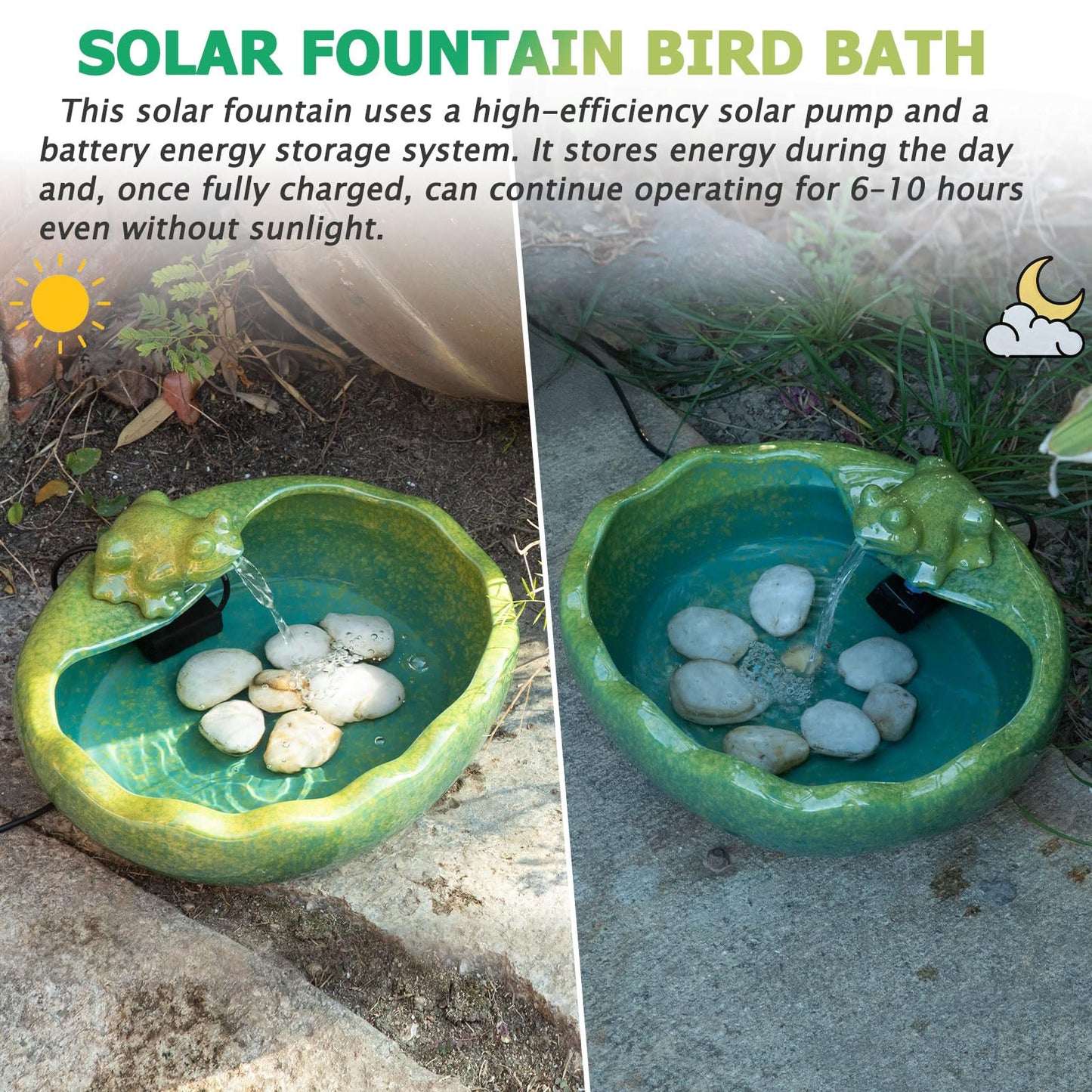 Ceramic Solar Water Fountain with Battery Backup, Solar Powered Water Fountain，Outdoor Water Feature Bird Bath for Garden, Patio & Yard Decor,Working at Night for at Least 6 Hours (Frog).