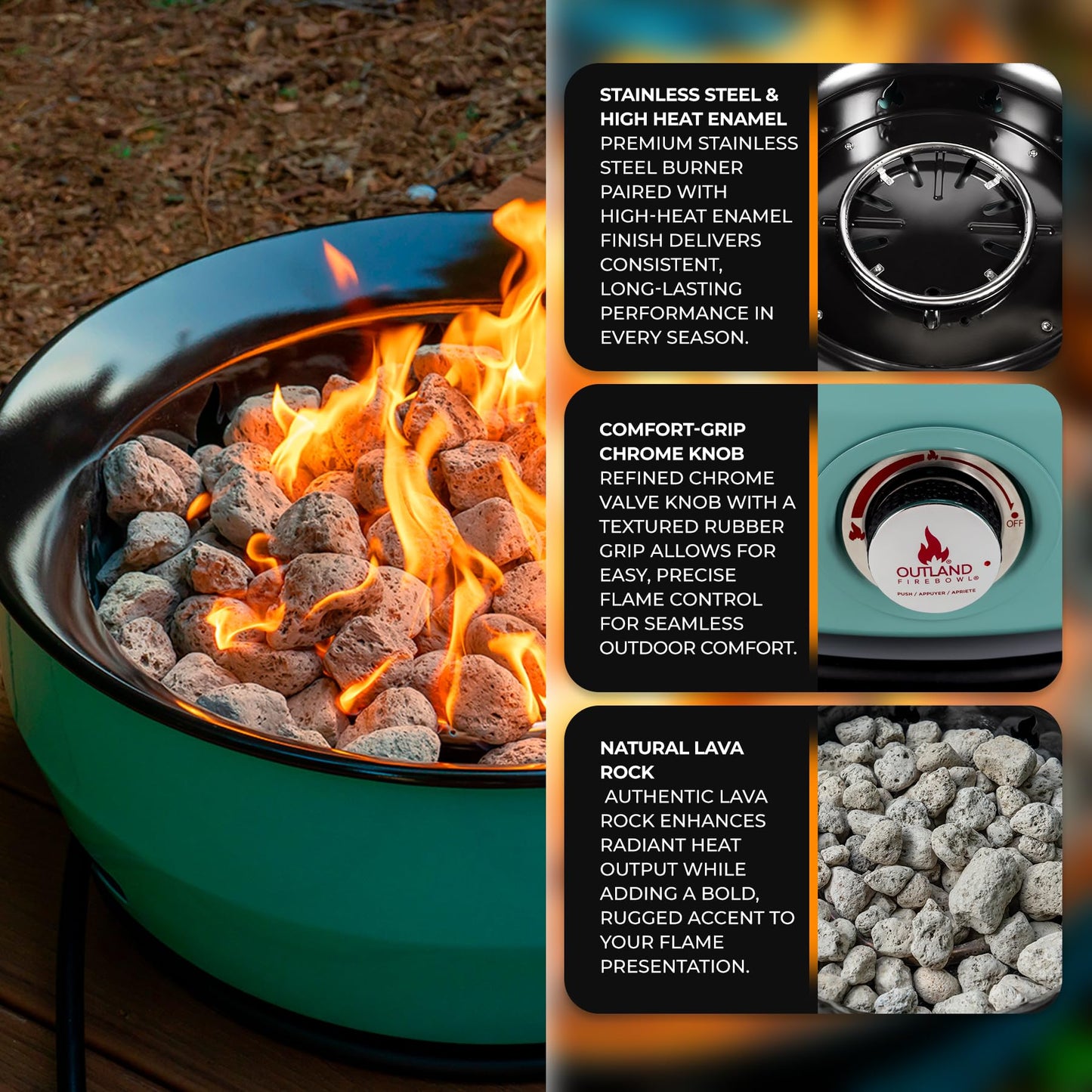 Outland Living Large Outdoor Propane Gas Fire Pit for Outside, 60,000 BTU/h, 24 inch with Lid - Modern Lake Country 800 Fire Bowl Firepit for Patio, Blue
