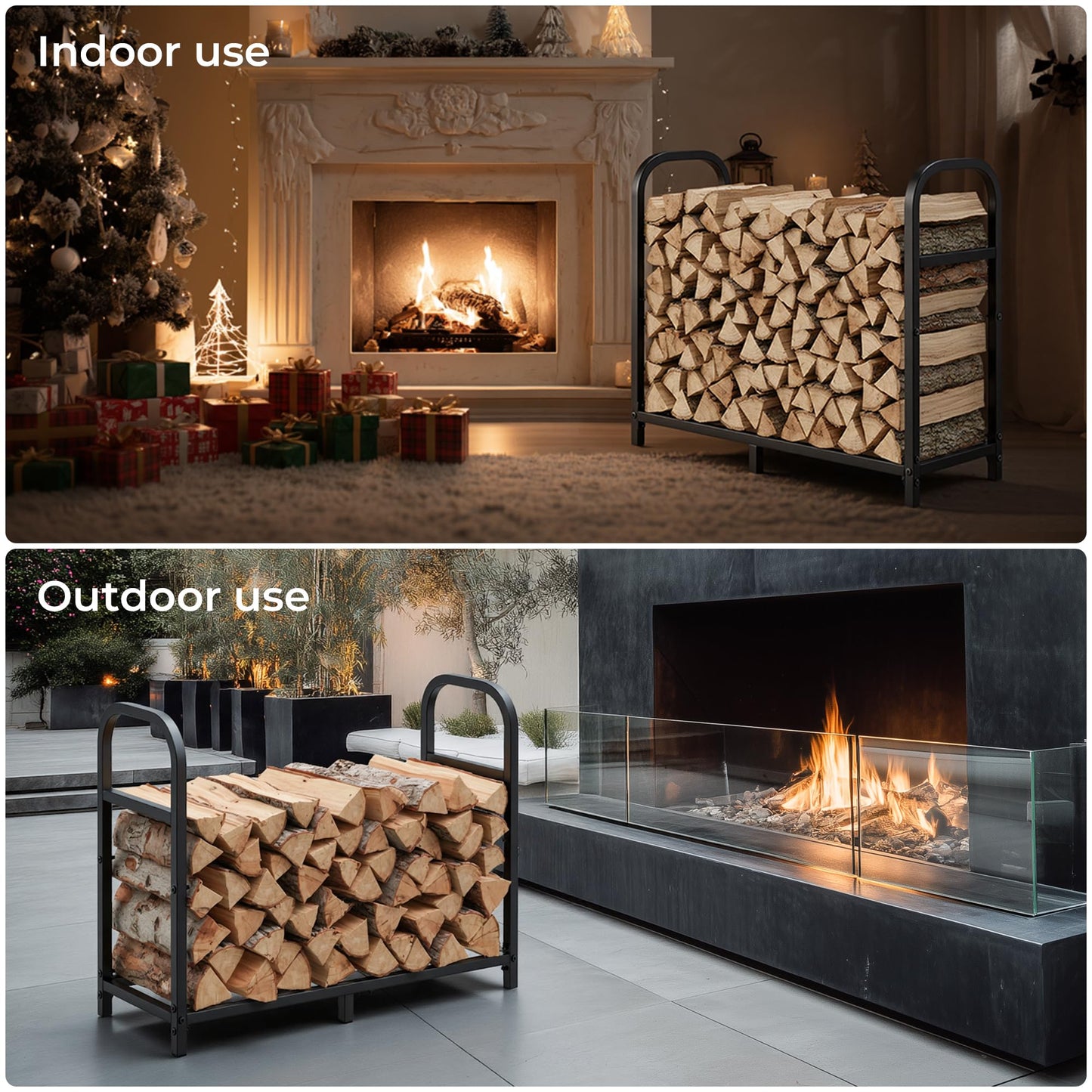 suchown 34 Inch Firewood Rack Outdoor with Log Carrier Bag, Indoor Fire Wood Holder, Metal Heavy Duty Log Holder, Rustproof Firewood Storage Tool for Fireplace Patio Deck