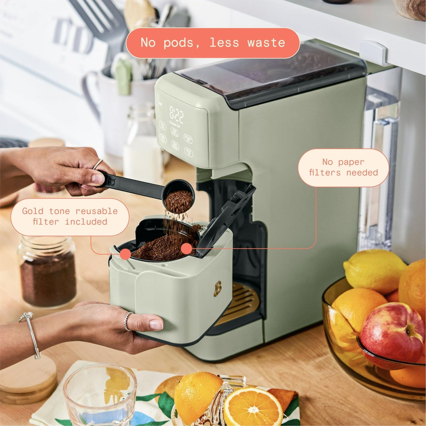 IT'S BRAZILIAN Perfect Grind Programmable Single Serve Coffee Maker, Sage Green by Drew Barrymore