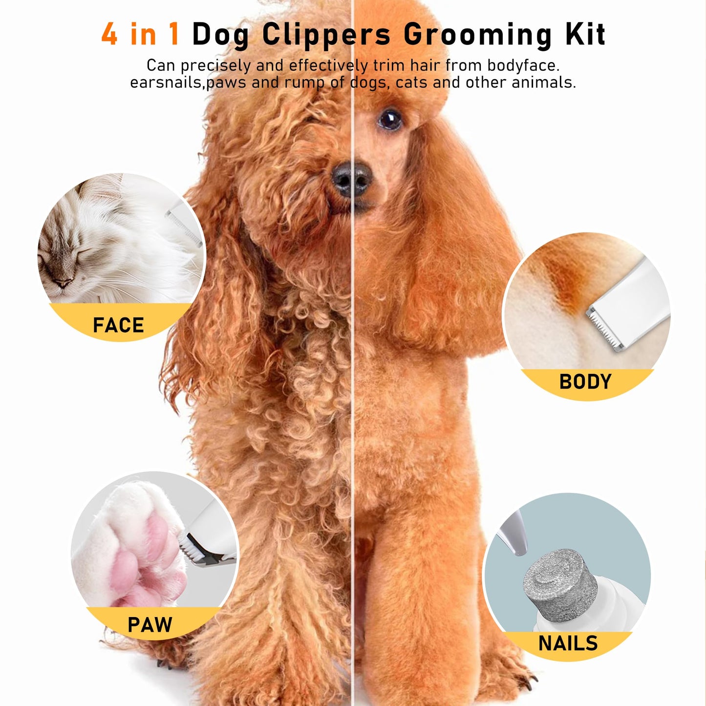 JIUWIIL Dog Clippers for Grooming, 4 in 1 Dog Grooming Kit Hair Clipper with LCD Display, Dog Trimmer for Grooming, Dog Hair Trimmer for Paw Nail Grinder,Shaver Grooming Supplies for Pet Cats Dogs