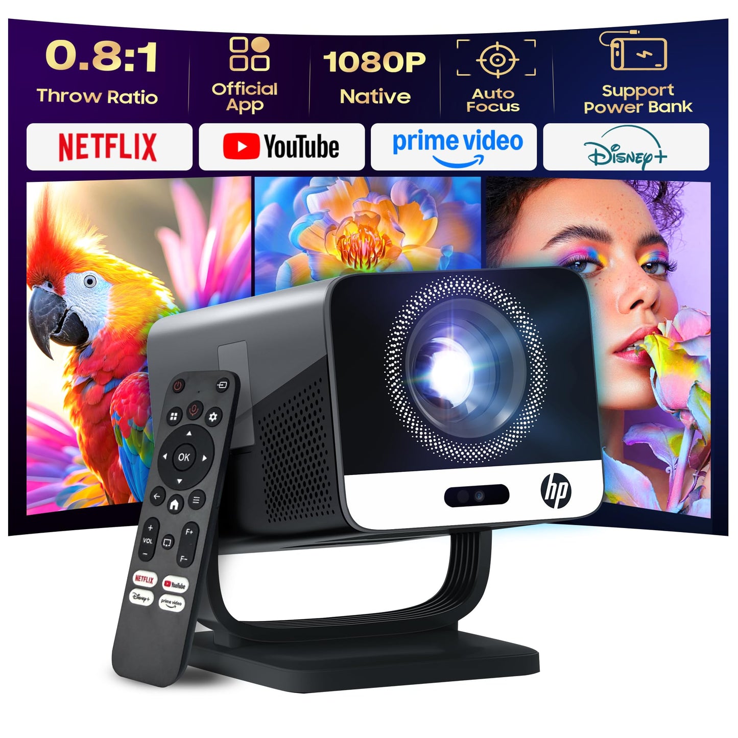 HP MC475 Official Licensed App Native 1080P Full HD Smart Mini Projector with WiFi & Bluetooth, Portable Projector for Outdoor & Bedroom, Short Throw, Auto Focus, Built-in Speaker, USB-C