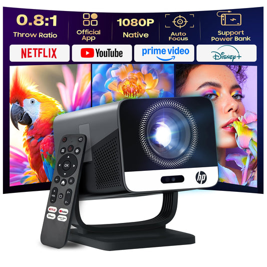 HP MC475 Official Licensed App Native 1080P Full HD Smart Mini Projector with WiFi & Bluetooth, Portable Projector for Outdoor & Bedroom, Short Throw, Auto Focus, Built-in Speaker, USB-C