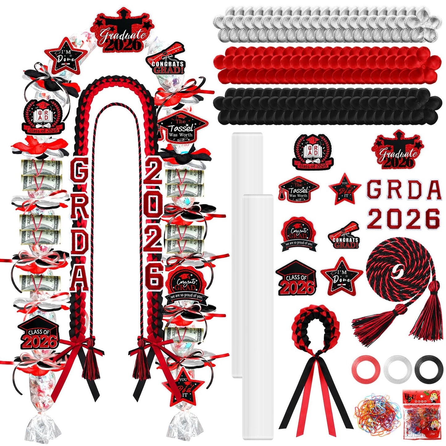 Graduation Candy Lei Making Kit Class of 2026 DIY Lei PE Bags Tubing Money Leis 2026 Graduation Ribbon Necklace Include 2 x 5 ft PE Bags 90 Pcs Flower Accessories for Grad Party Supplies (Black, Red)