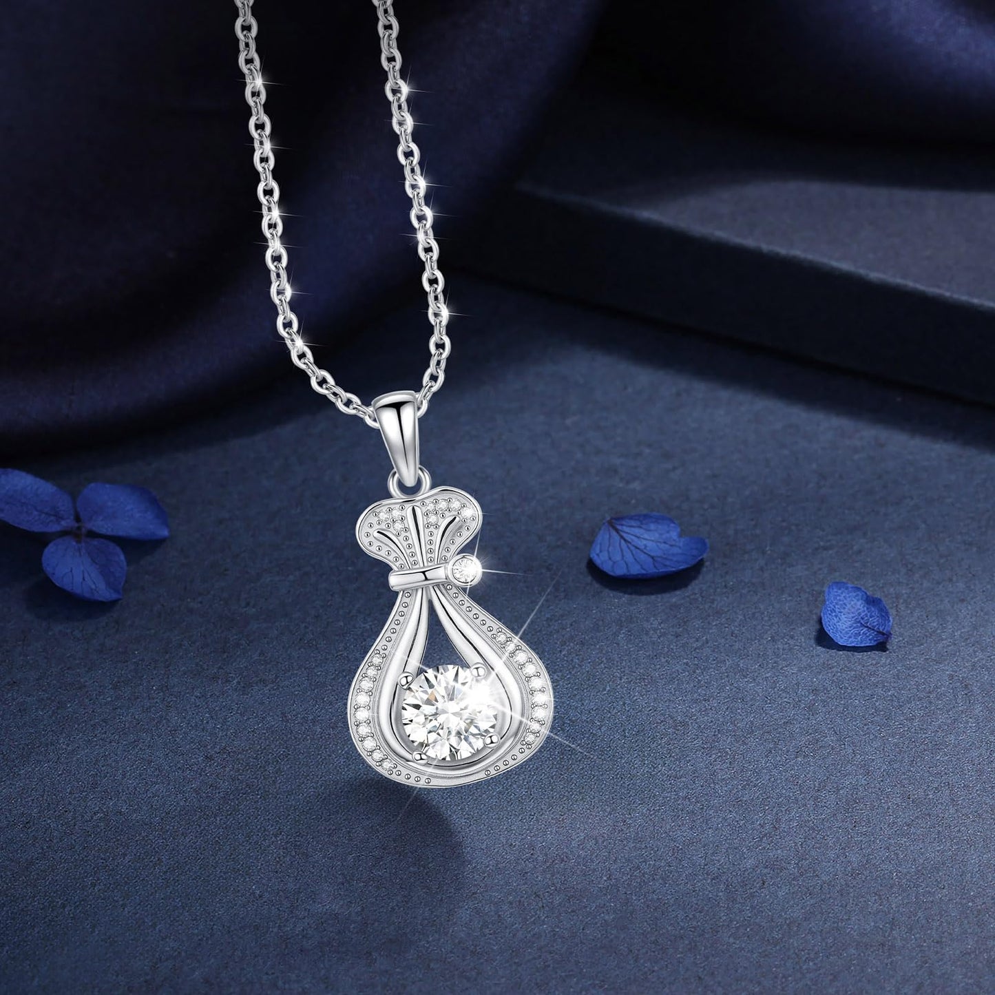 2 Carat Moissanite Necklace 925 Sterling Silver Jewelry AAAAA Cubic Zirconia Money Bag Pendant Necklace Best Gifts for Mom Women Girlfriend Grandma Friend Lover Her Wedding Birthday Anniversary Daily