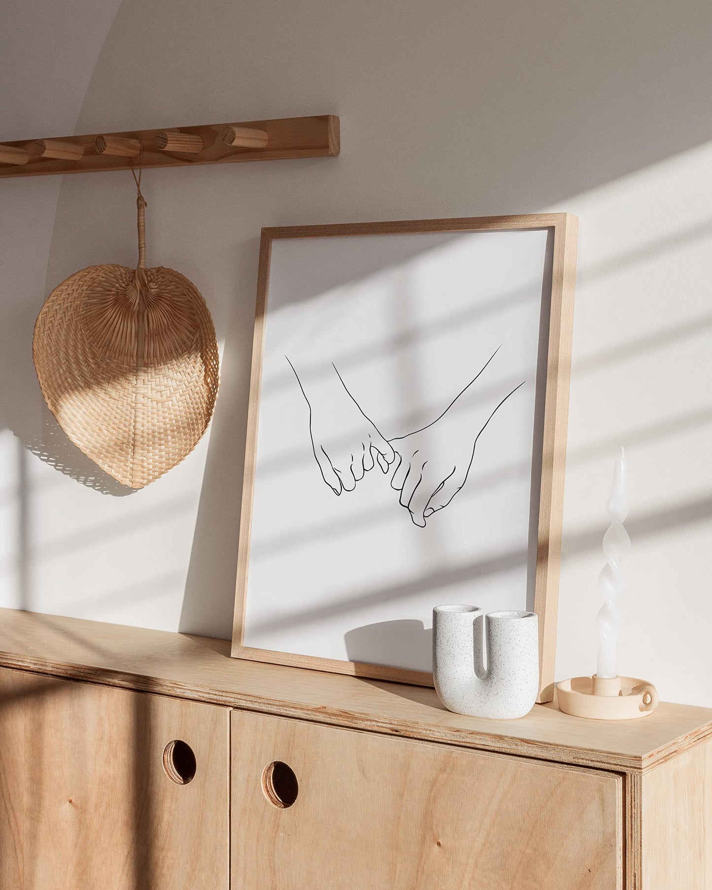 HAUS AND HUES Pinky Promise Wall Art Line Drawings - Minimalistic Couple Poster, Romantic Decor, Hand Holding Pinkies (Beige Frame, 12x16)