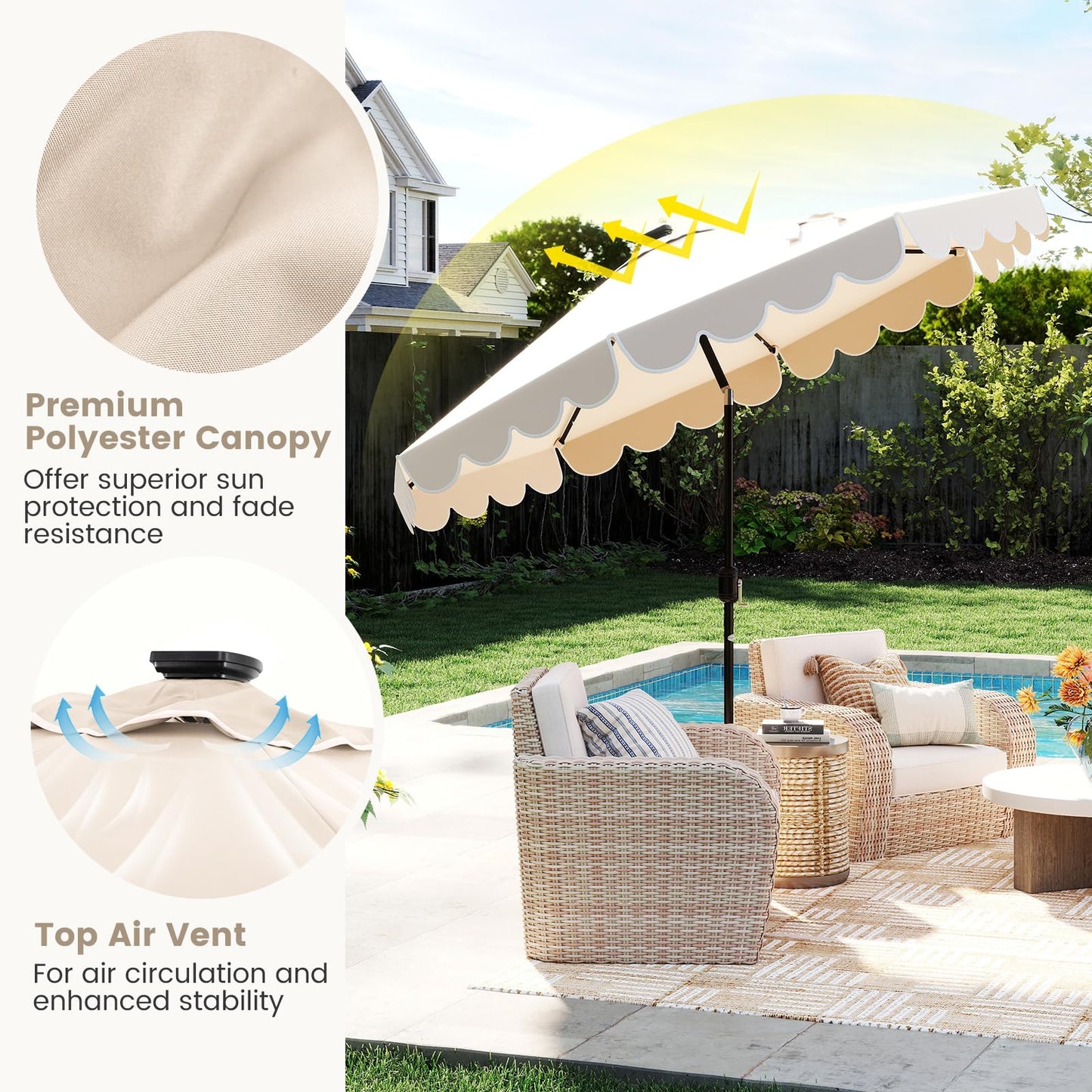 Tangkula 9 FT Solar Patio Umbrella, 2-Tiers Scalloped Outdoor Table Market Umbrella with 32 LED Lights, Vented Top, Tilt Adjustment, Crank, 8 Ribs for Backyard Poolside Deck Beach Lawn (Beige)