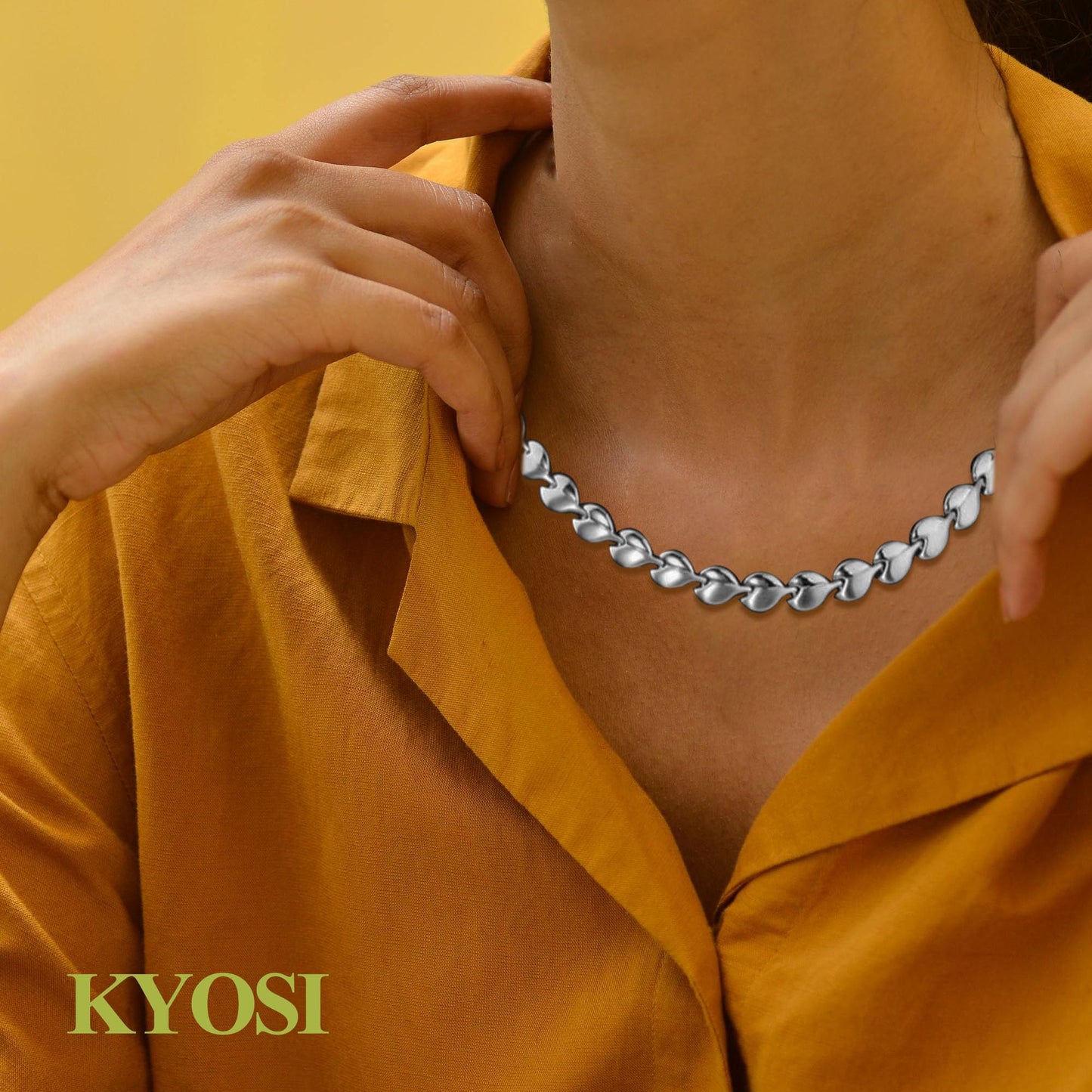 KYOSI Magnetic Necklace for Women, Stylish Leaf Pattern Links, Magnet Necklace with 3500 Gauss, Comfortable Daily Wear Jewelry Gift (Silver)