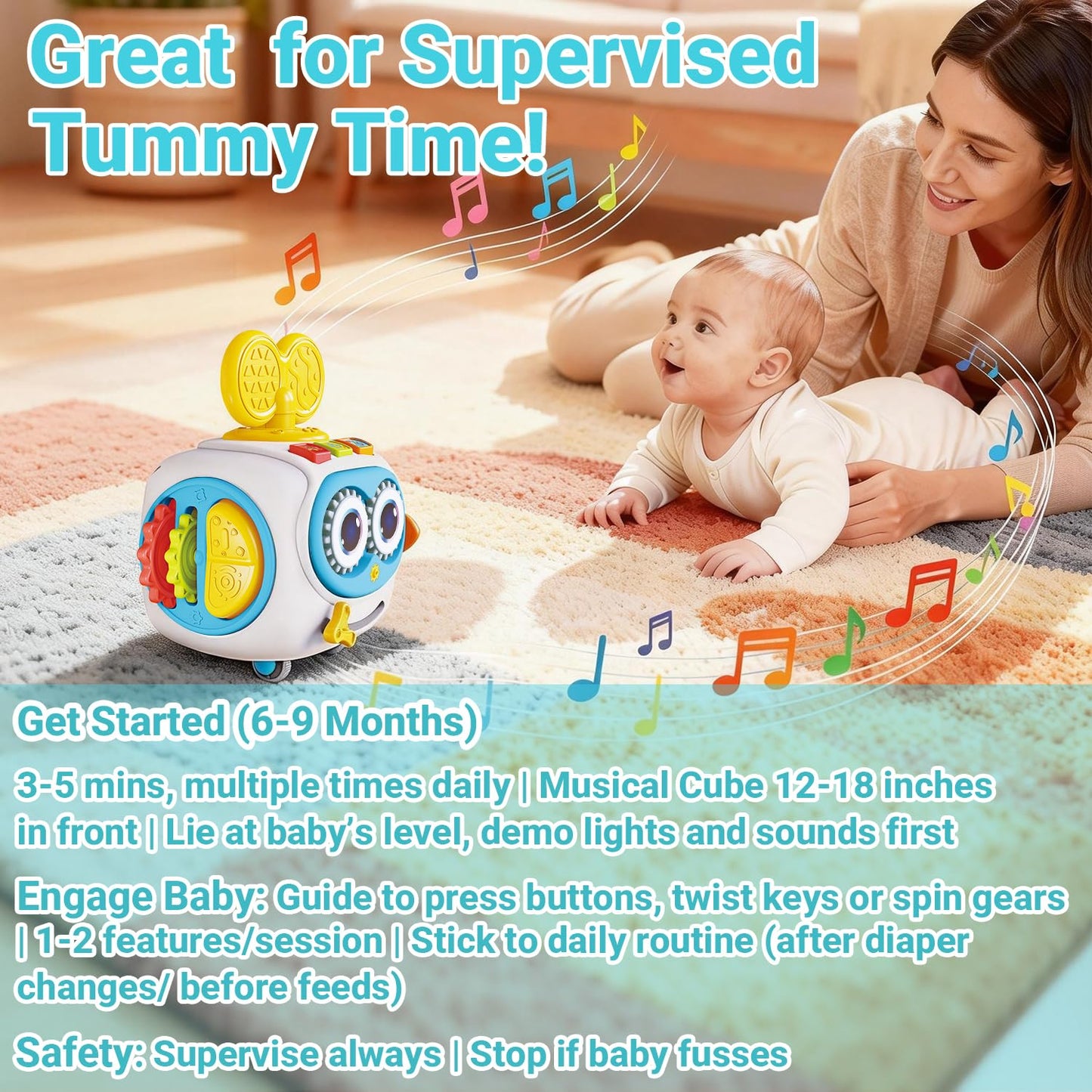 MoraBaby Robot Musical Busy Cube for Toddlers 1-3 Years Old, Montessori 6-in-1 Activity Cube with Lights & Sounds, Wheels for Tummy Time & Crawling Training, Birthday Gifts for Baby boy & Girl