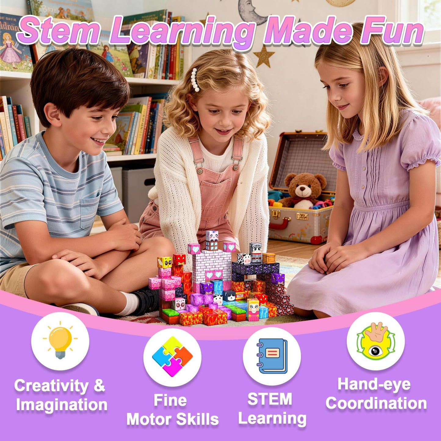 Magnetic Blocks for Kids, 100PCS 0.8inch Magnetic Building Blocks, Magnetic Cubes for STEM Constructions Magnetic Blocks for Boys Girls Age 3 4 5 6 7 8-12, Ideal Holiday Birthday Gifts(Sakura Lava)