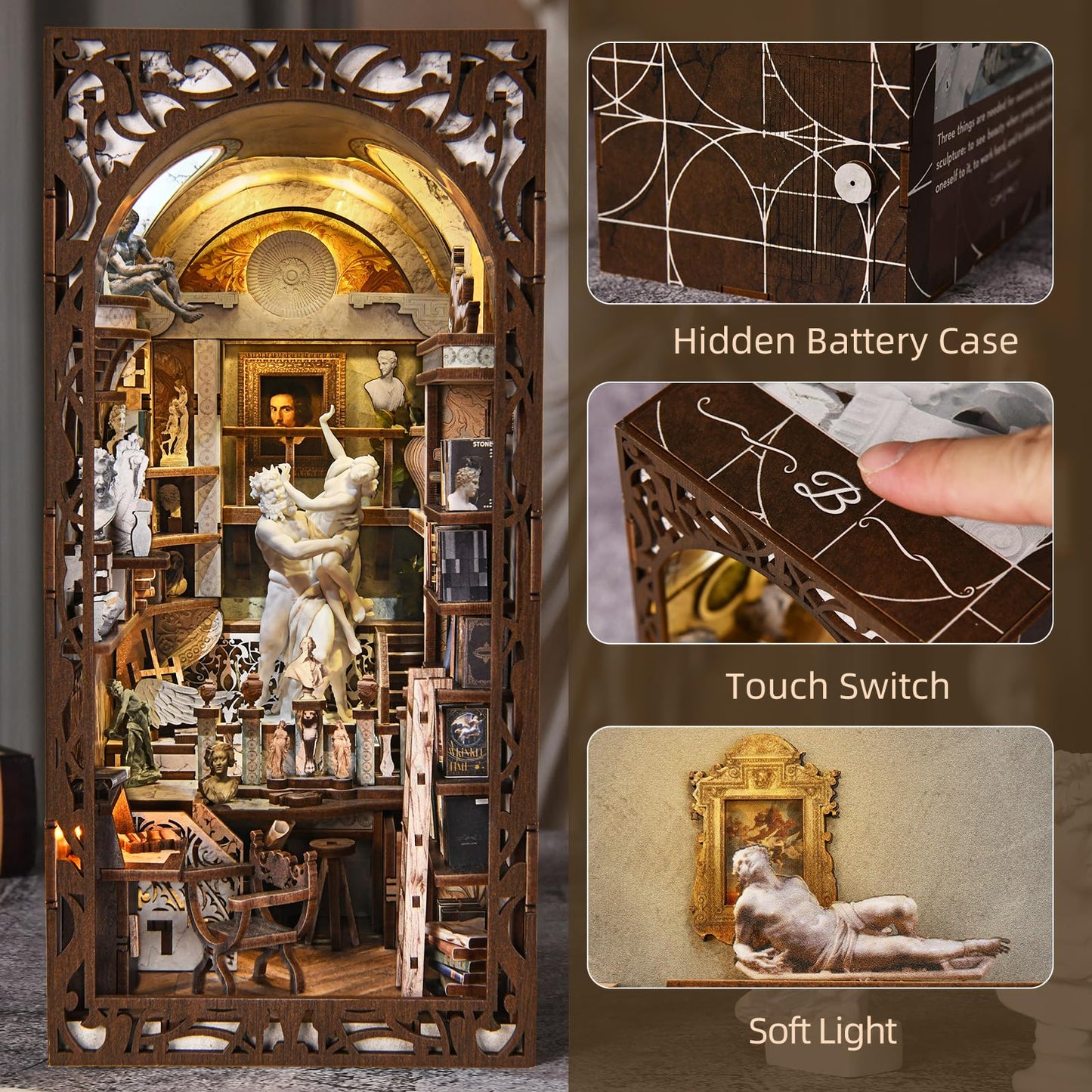 CCCDF DIY Book Nook Library Kit, Miniature Dollhouse Booknook Kit, 3D Wooden Puzzle Bookend Bookshelf with LED Light for Teens and Adults (Bernini's Sculpture Workshop)