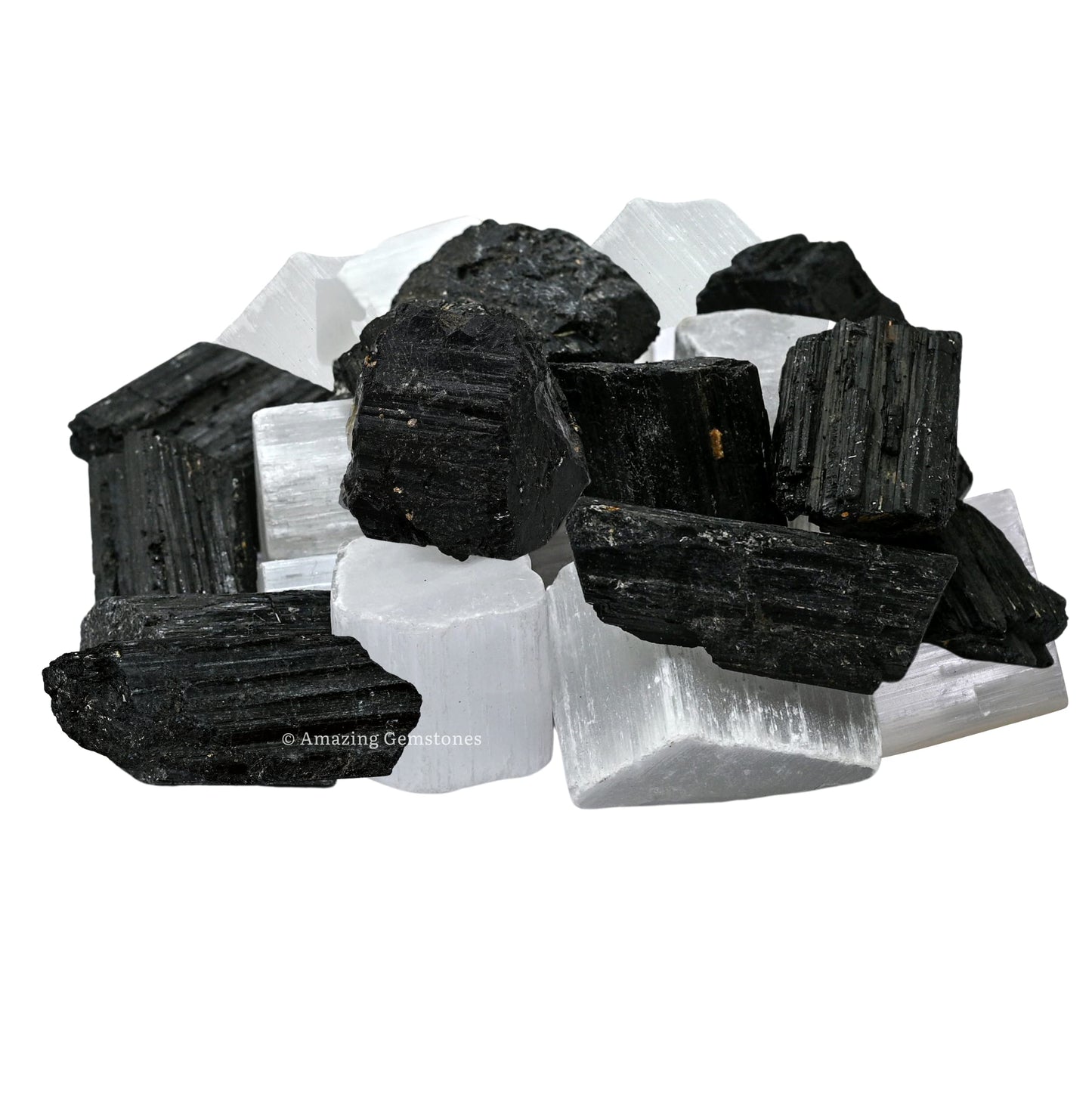 Amazing Gemstone Black Tourmaline Selenite Crystal - 1/2 lb Bulk Raw Black Tourmaline Crystals and Selenite Healing Crystals for Protection, Crystal Grid, Energy Piedra Selenita Original