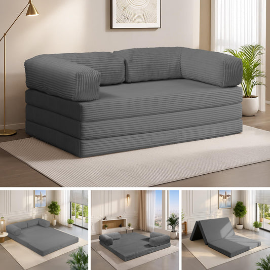 5-in-1 Convertible Sofa Bed,60" Boneless Couch Tri Folding Floor Mattress with Removable L-Shaped Armrests & Handle,Corduroy Futon Couch Sleeper with Pull Out Bed for Living Room Bedroom Apartment