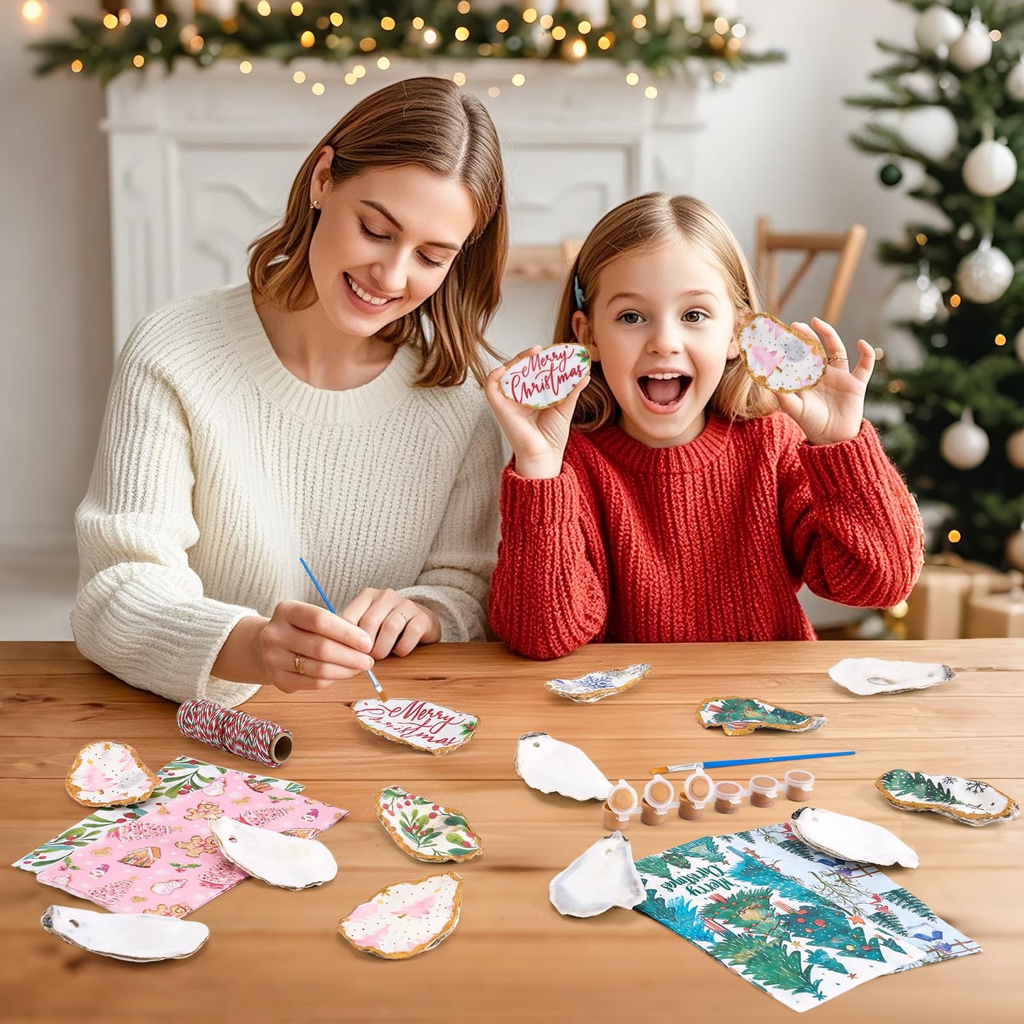 APUDWN 16 Set Oyster Shells for Crafts 4-5 Inch Christmas Pre-Drilled Oyster Shells Crafts Kits with Decoupage Paper Napkin Glue Paint Twine and Brushes for Xmas Decor DIY Arts Seashells Ornaments