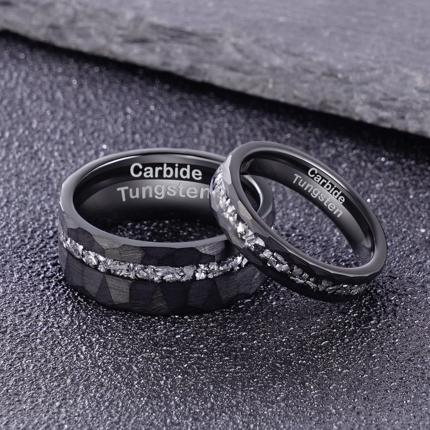 JEWPER Tungsten Rings for Men Womens 8mm Black Fashion Promise Wedding Band Hammered Groove Meteorite Orbo Carbide Beveled Polished Edge Comfort Fit