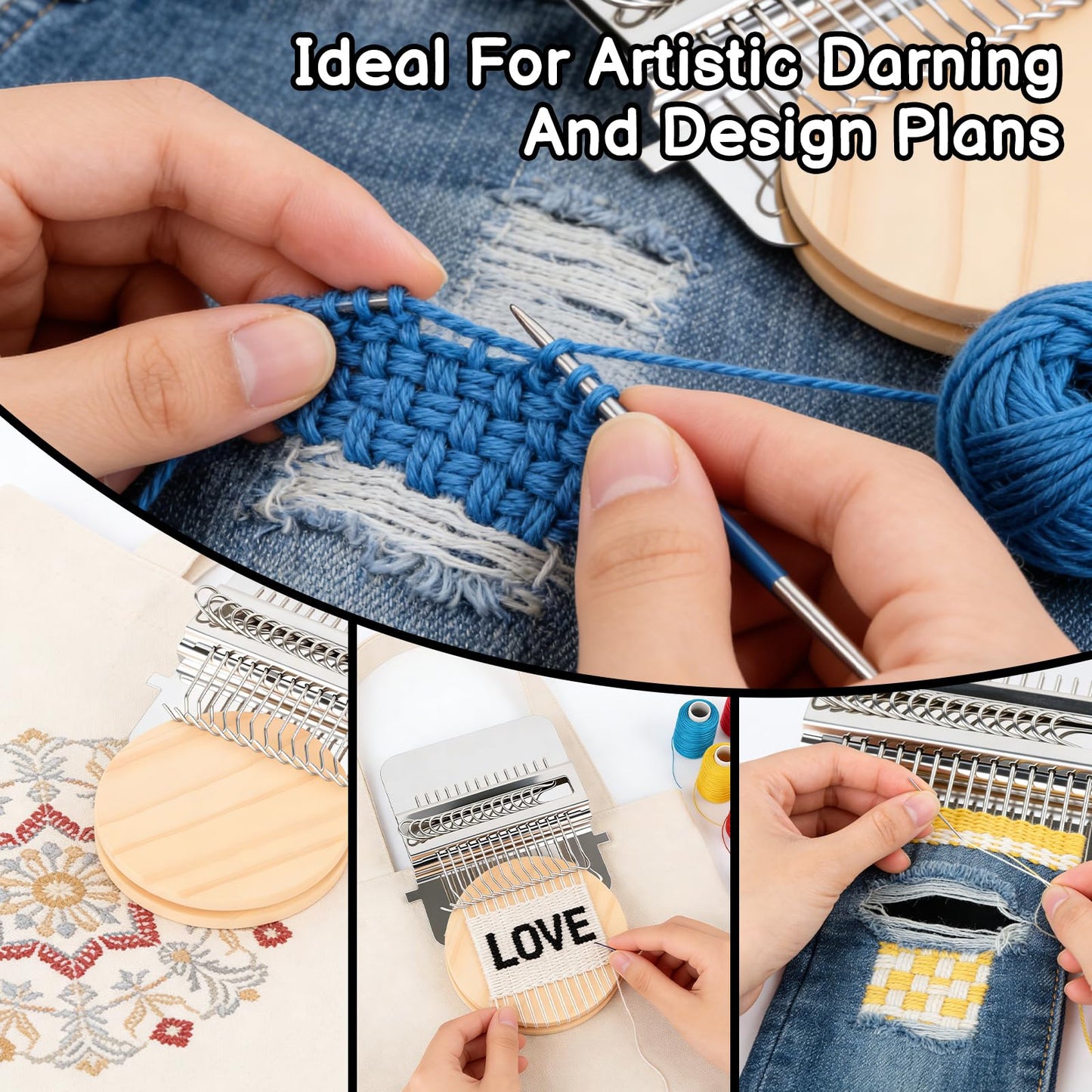 Mini Darning Looms Kit for Beginners, 14-Hook Wooden Weaving Tool with Stainless Steel Needles, Portable Knit Patch Repair Kit for Jeans Clothes Tapestries Scarves