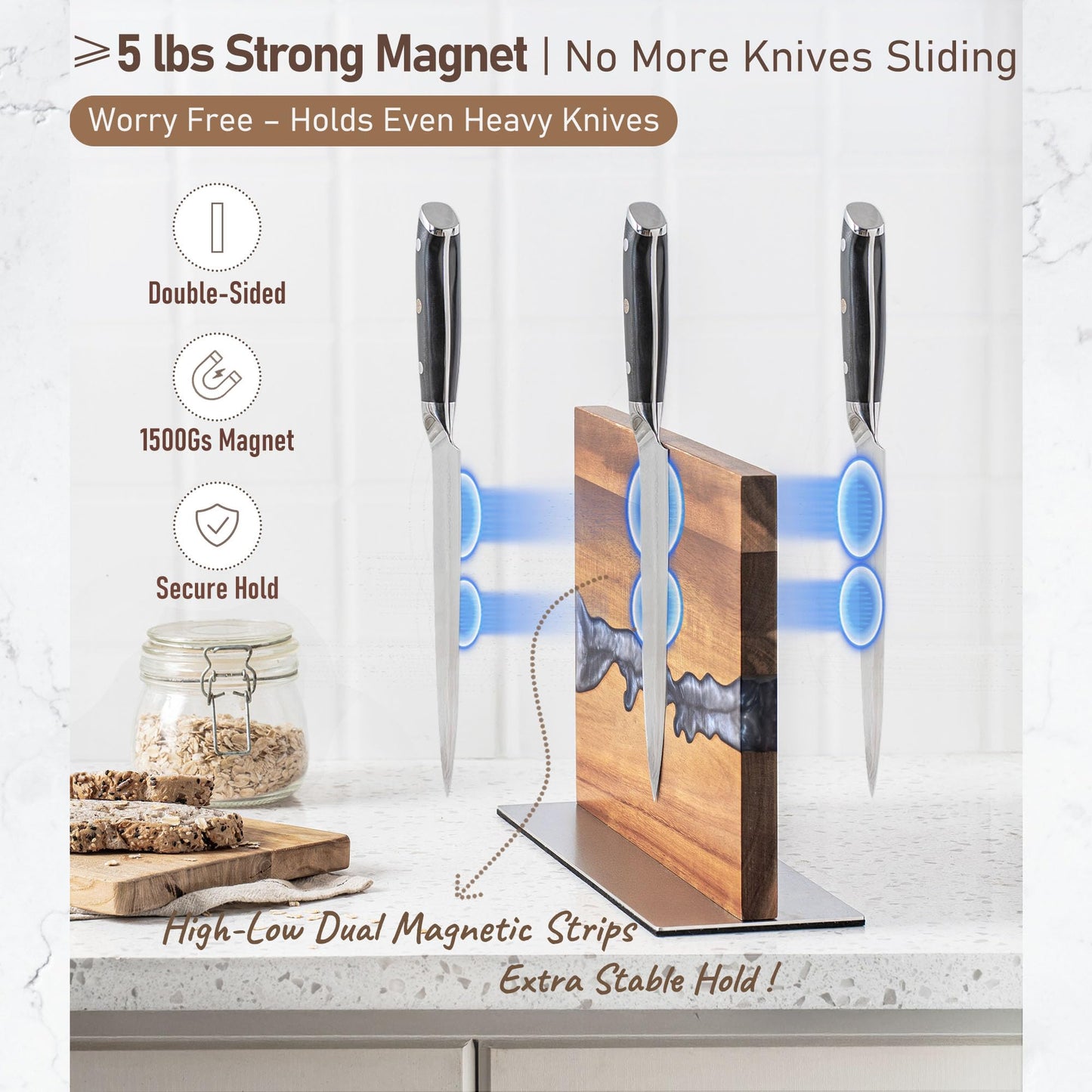Magnetic Knife Holder Block for Countertop, No Drill Acacia Wood Stand with Epoxy Resin Art & Strong Magnets - Fits Chef Knives & Scissors & Bar Tools (No Knives Included)