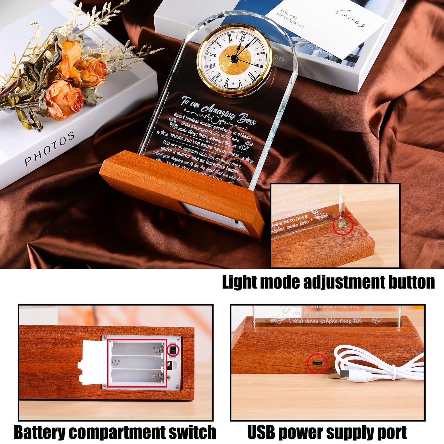 Arikyrist Boss Gifts for Women Going Away Clock for Female Bosses with Wooden Light Base Appreciation Retirement Presents for Men Lady Boss Boss's Day Gift Idea Office Decor