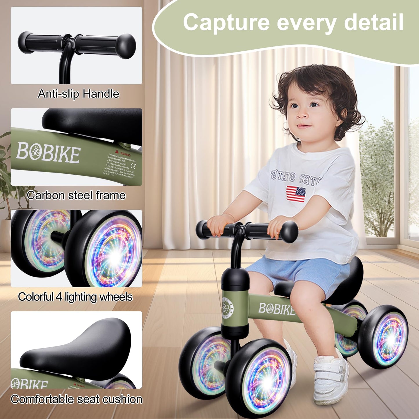 Bobike Baby Balance Bike Toys for 12-36 Months Kids Toy Boy and Girls Gifts Toddler Best First Birthday Gift Children Walker No Pedal Infant 4 Wheels Bicycle (Colorful, Deep Green-Light)