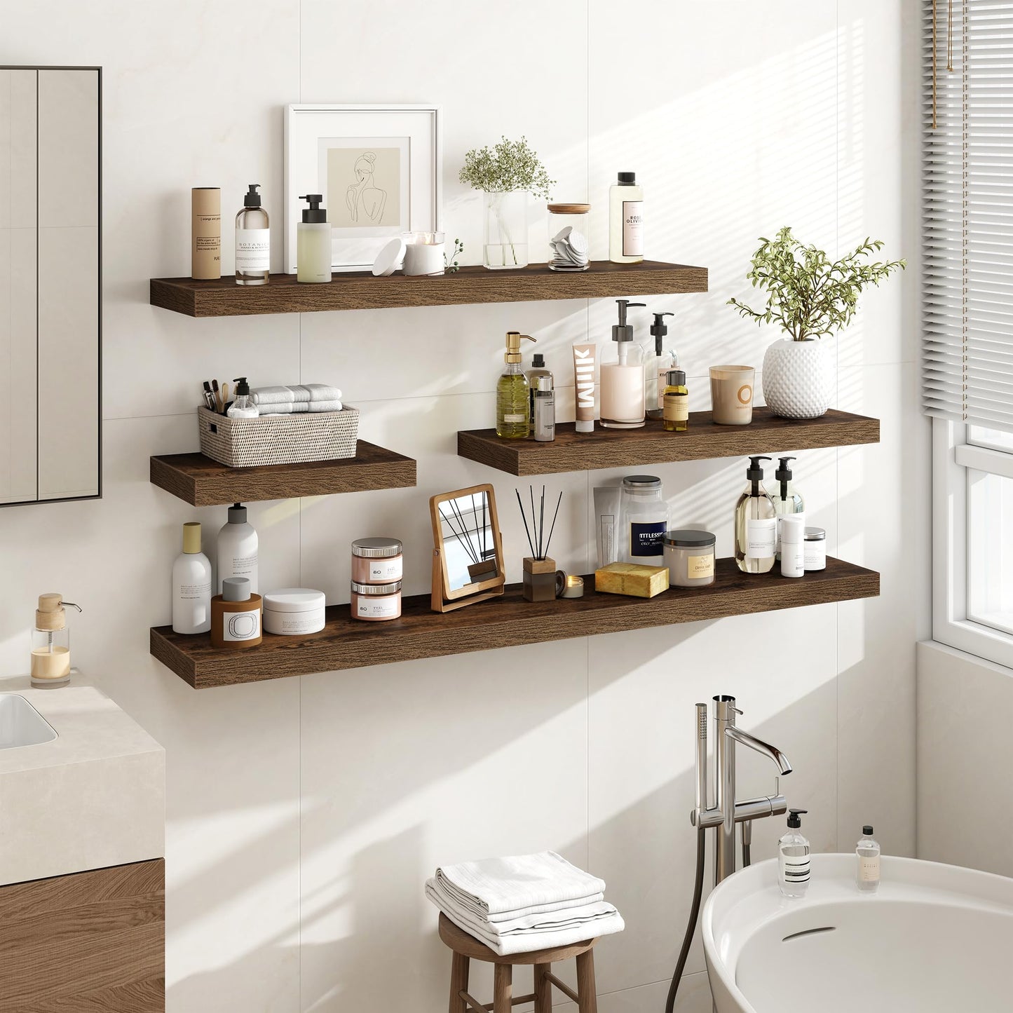 Acovy 24 Inch Floating Shelves, 3D Textured 24"x9.25"x1.5" Inch Deep Floating Shelves for Wall, Wooden Shelves for Bathroom, Bedroom, Living Room, Brown, 2 Pieces