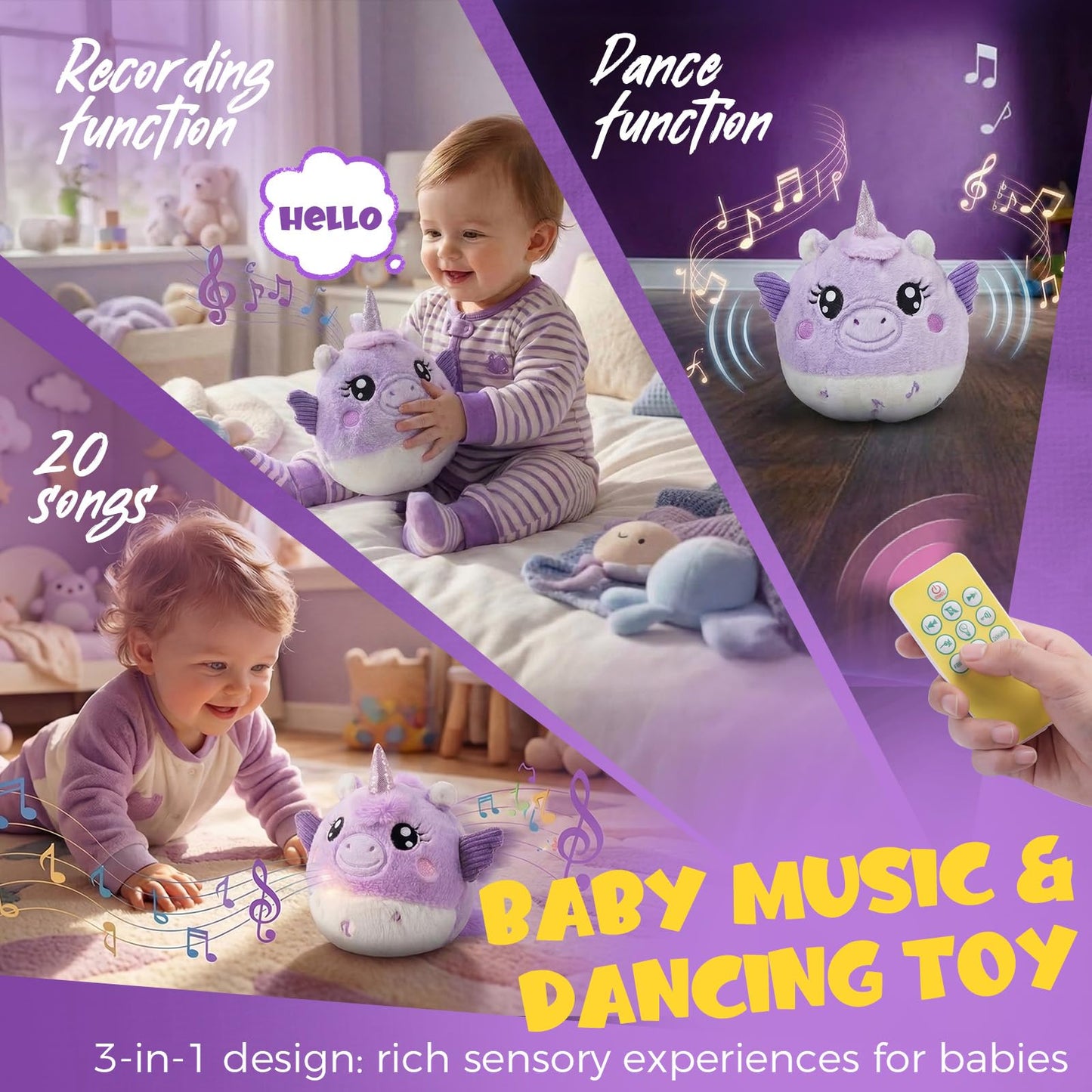 Music Crawling Toy for Baby 6-12 Months, Unicorn Tummy Time Toys & Floor Play Infant Stuffed Animal Toy with Volume Adjustable/Rechargeable/Record, Baby Remote Control Sensory Toy Girl Gift Set
