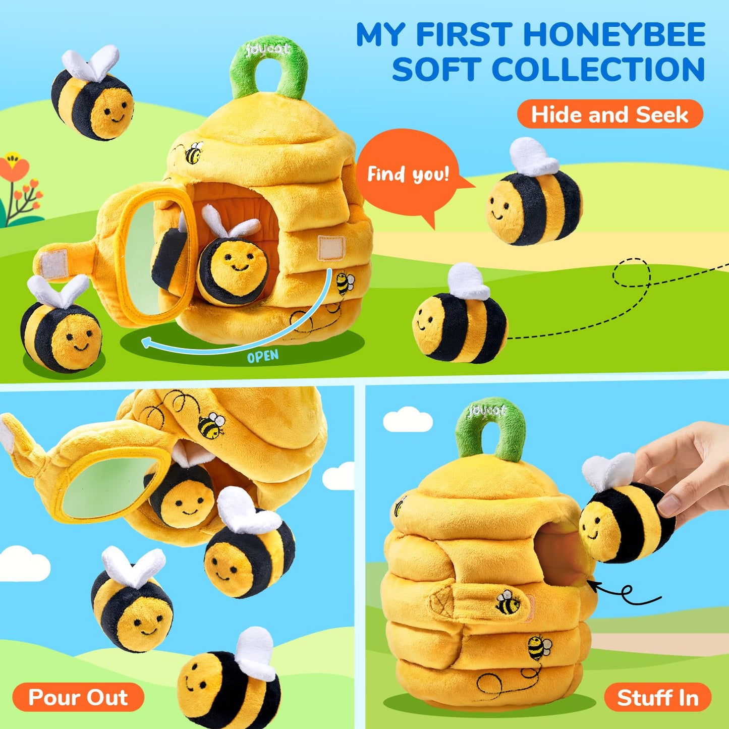 JoyCat Baby Toys 6-12 Months - Soft Baby Beehive with 5 Sensory Bees + Silicone Alphabet Magnetic Letters, 26 Uppercase ABC Fridge Magnets for Toddlers