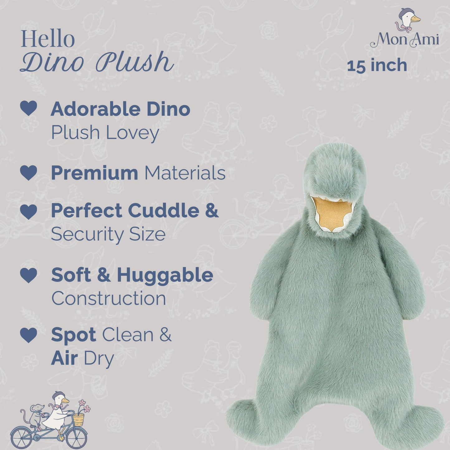 MON AMI Dino Plush Lovey for Babies – 15 Inches | Perfect Newborn Essential for Birthdays & Baby Showers | Soft Comfort Toy for Cuddles & Sensory Play