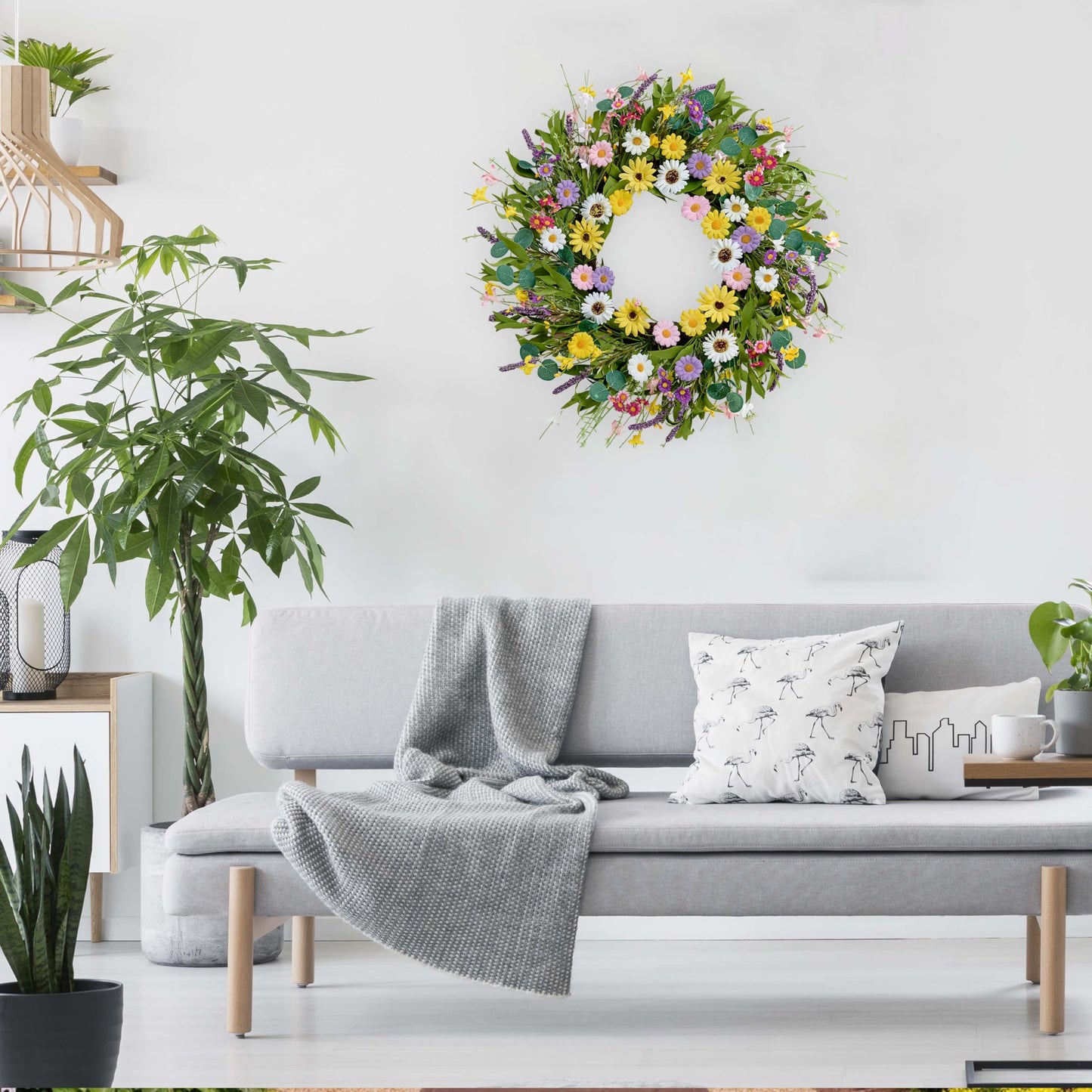 MAINGKAUNG Spring Wreath 22 Inch Artificial Summer Wreath with Yellow Daisy Flowers Green Eucalyptus Leaves Lavender Spring Wreaths for Front Door Home Farmhouse Porch Wall Easter Festival